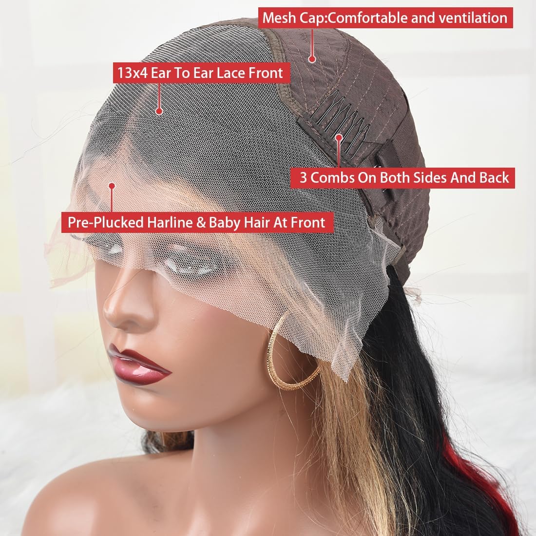 Black Red Blonde Highlight Human Hair Wig - Skunk Stripe Body Wave Lace Front Balayage Wig | Pre-Plucked 180% Density | 13x4 Transparent Lace Frontal | 26 Inch Colored Wig for Cosplay, Halloween & Fashion Styling