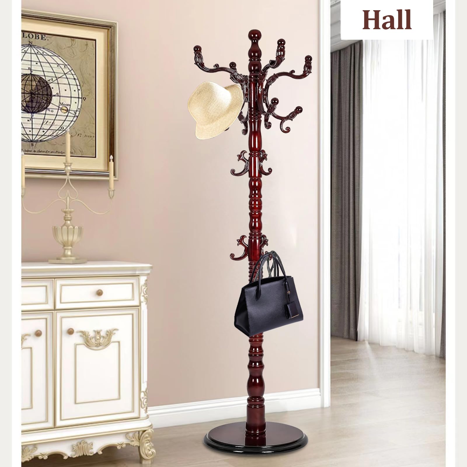 Premium Wooden Freestanding Coat Rack with 14 Hooks & Stable Disc Base - Black Red Tree Stand for Jackets, Hats, Scarves - Perfect for Home, Office & Entryway Organization
