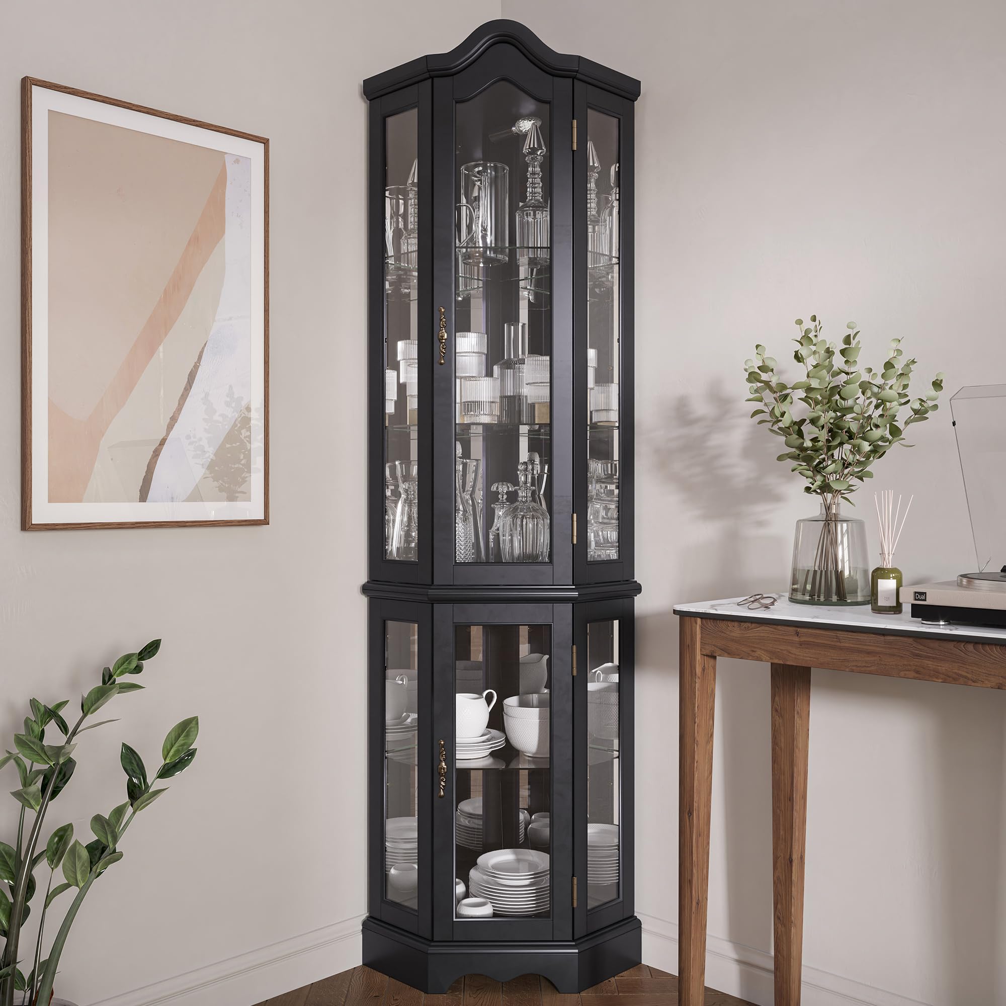 BELLEZE Lighted 3-Side Glass Display Curio Cabinet with Tempered Glass Doors & Shelves - Wooden Corner Cabinet with LED Bulbs for Living Room, Kitchen, Dining Room - Perfect for Showcasing Collectibles, China, or Decorative Items (Black)