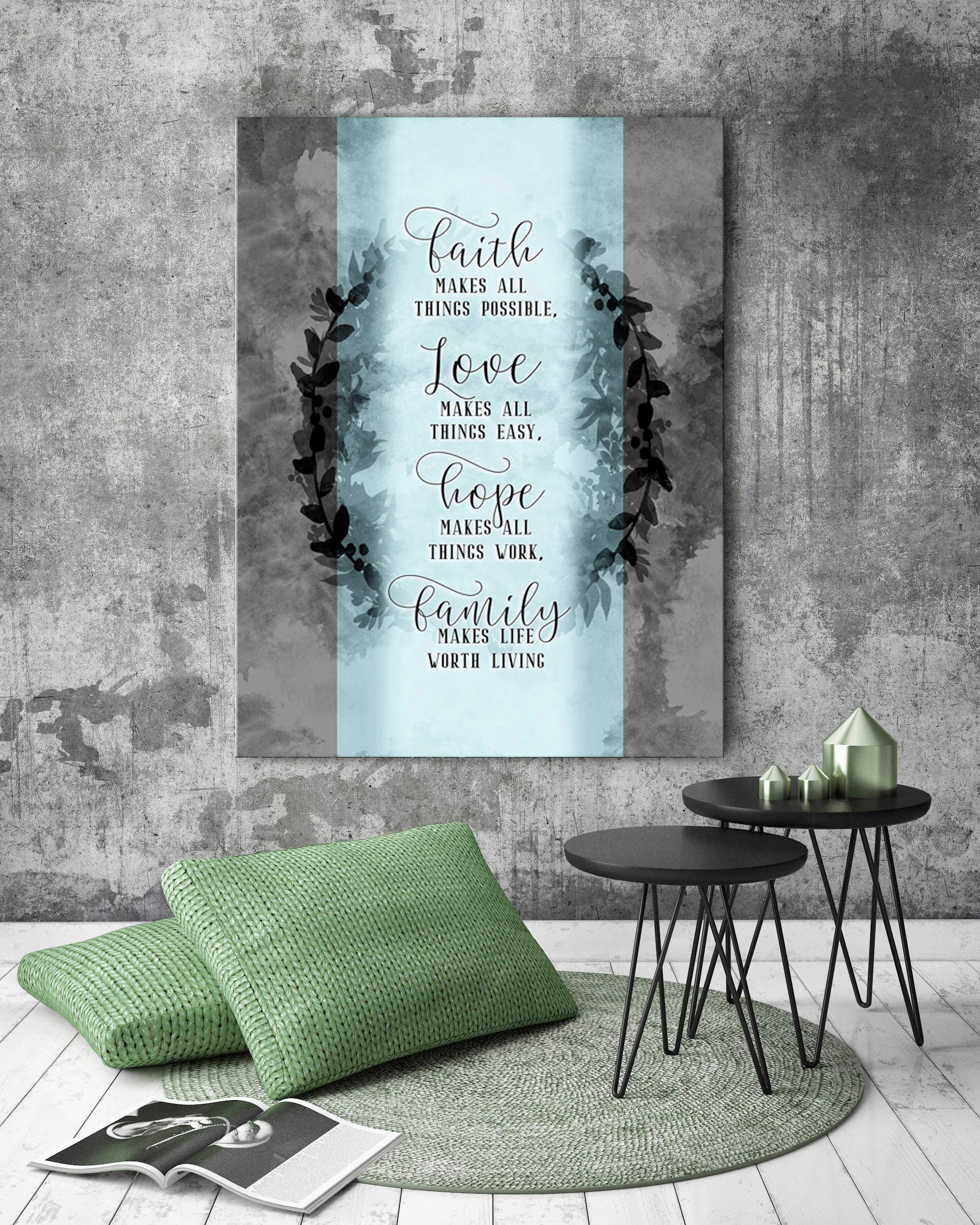 Faith Makes All Things Possible - Motivational & Inspirational Christian Wall Art Canvas Print, Positive Quote Home Decor for Living Room, Bedroom, Office (30x40 Inch, Light Teal)