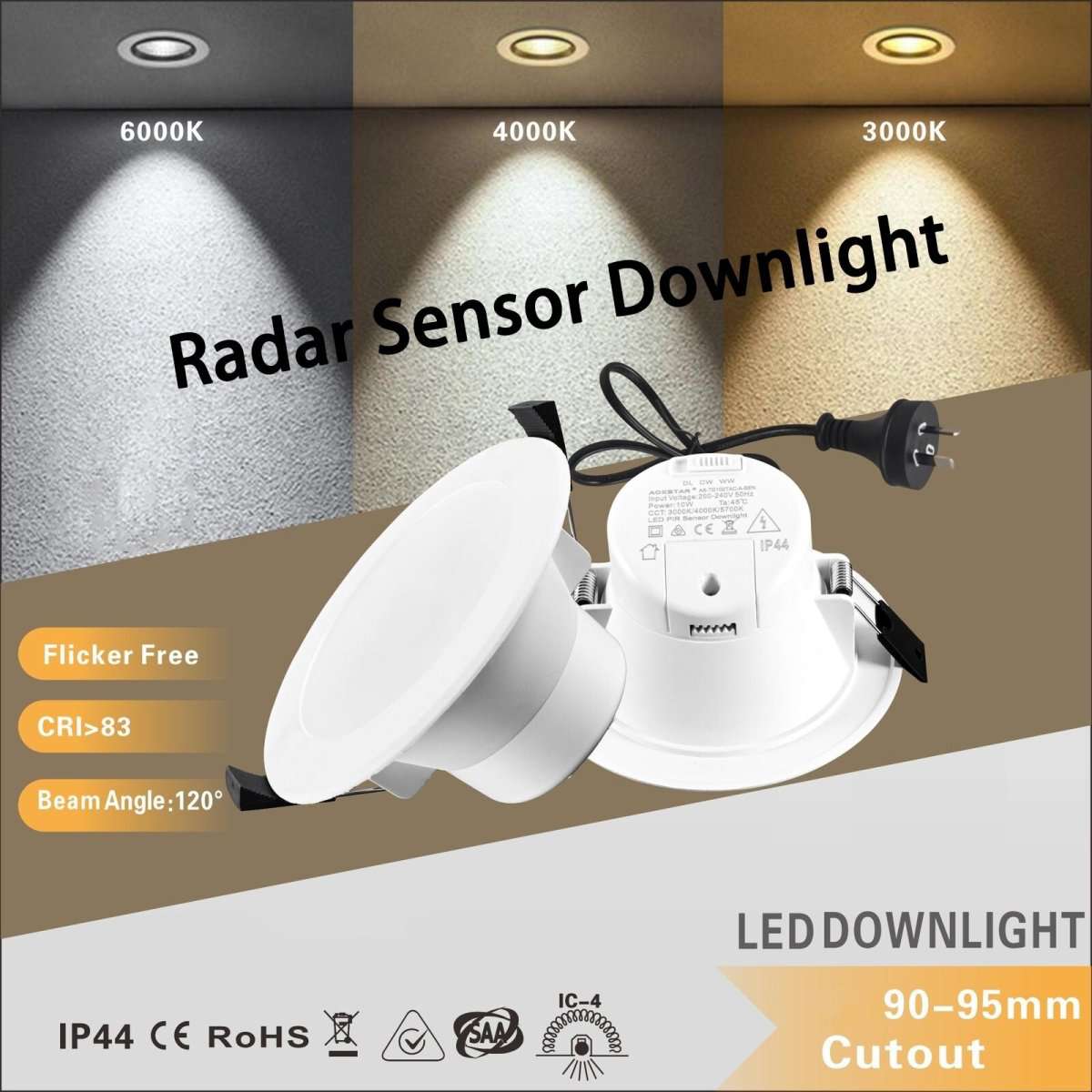 10-Pack 90mm LED Downlight Kit with Radar Sensor - 10W Non-Dimmable, 3 Color Temperature Options (3000K Warm White/4000K Cool White/6000K Daylight) - Perfect for Home, Office, and Commercial Lighting