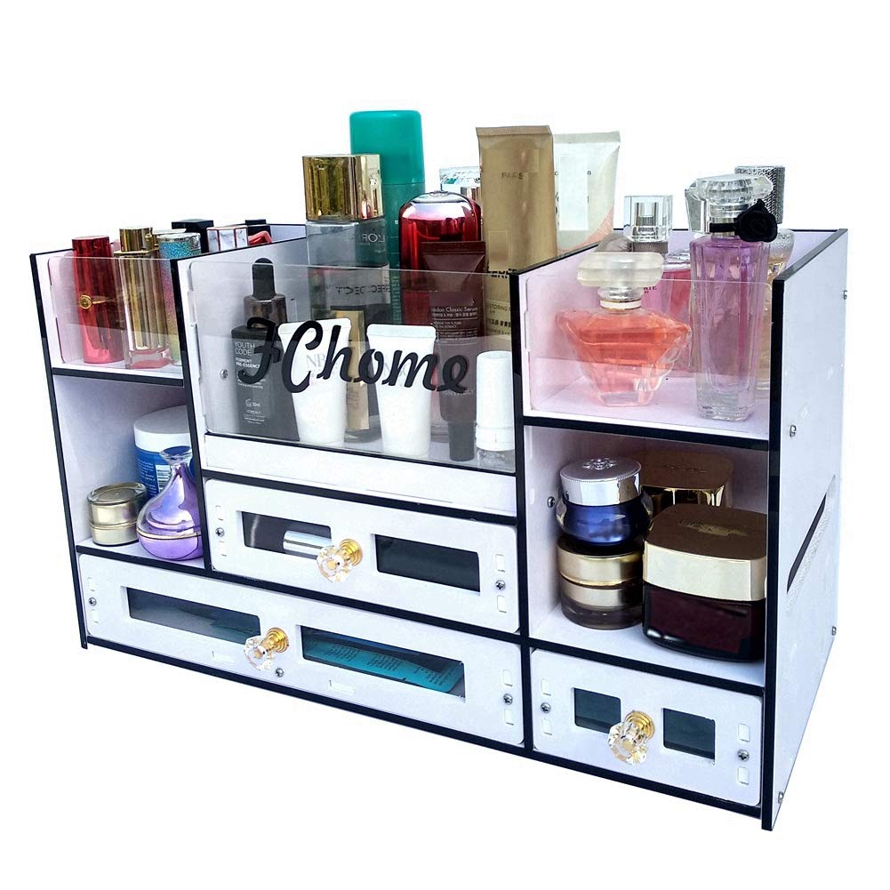 FChome Acrylic Makeup Organizer with Drawers - Large Cosmetic Storage Box for Jewelry & Beauty Products - Clear Black Design - Perfect for Bathroom Counter, Dresser or Vanity - Great Christmas Gift Idea
