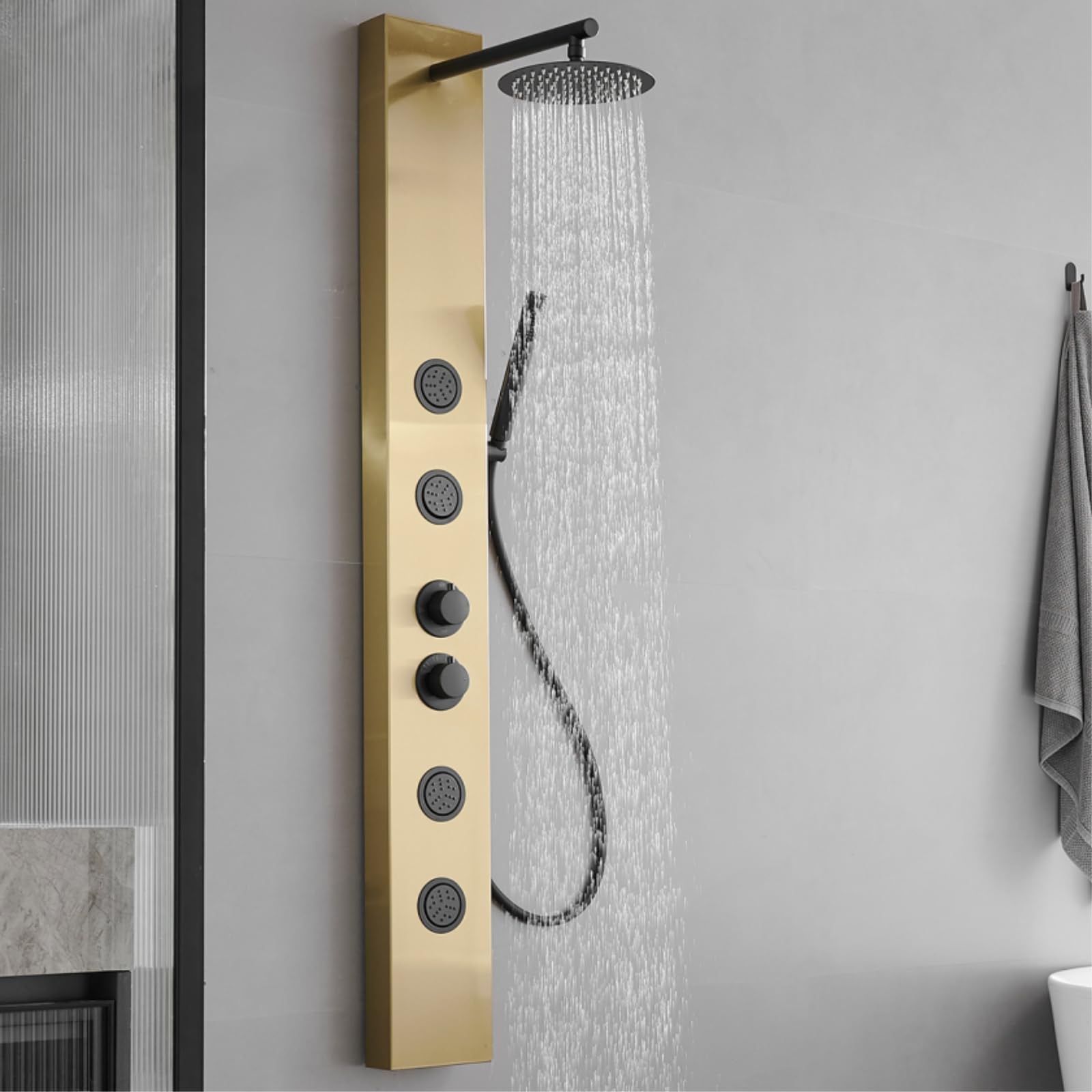 3 in 1 Stainless Steel Shower Panel Tower System - Adjustable Body Jets, Rainfall Shower Head & Handheld Shower - Brushed Gold Finish for Luxurious Bathroom Upgrade | Perfect for Master Bath, Spa-Like Experience & Modern Home Renovation