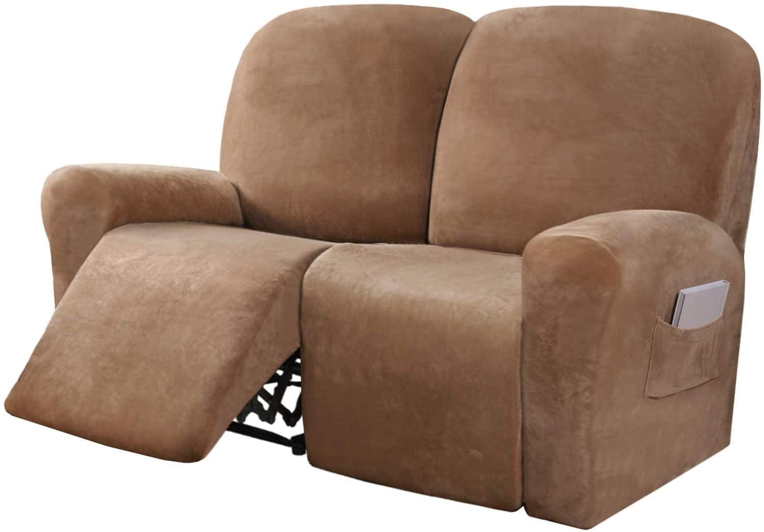 6-Piece Velvet Recliner Sofa Cover Set - Stretchable 2-Seater Loveseat Slipcover with Side Pockets - Soft Furniture Protector for Living Room, Home Theater, and Family Room (Camel Color)