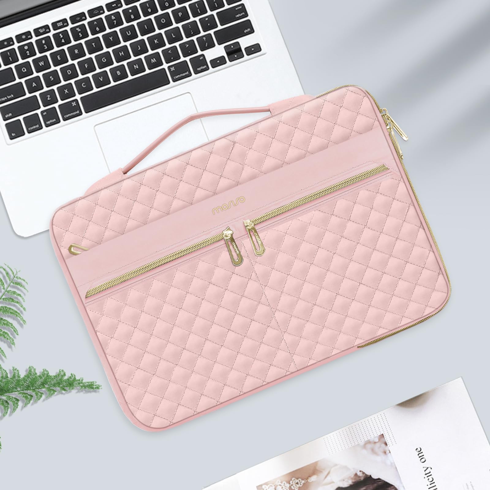 MOSISO 360 Protective Laptop Sleeve for MacBook Air 13/Pro 13-14 inch - Quilted Side Open Bag with 3 Pockets, Handle & Belt - Perfect for Work, School & Travel - Pink