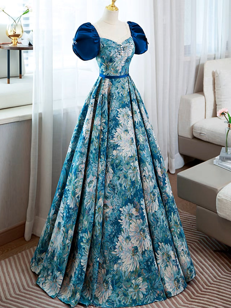Elegant A-Line Puff Sleeve Satin Blue Long Prom Dress | Formal Evening Gown for Women | Perfect for Homecoming, Ball, and Special Occasions