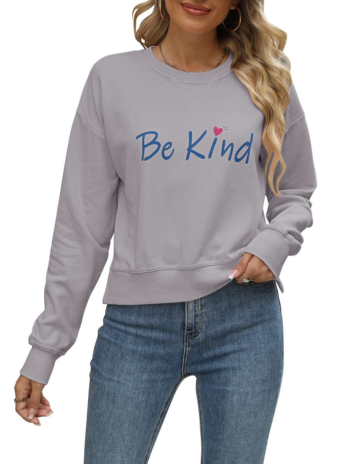 KIKIBERRY Women's Be Kind Graphic Sweatshirt - Long Sleeve Casual Cute Pullover Top for Everyday Wear, Workout & Street Style