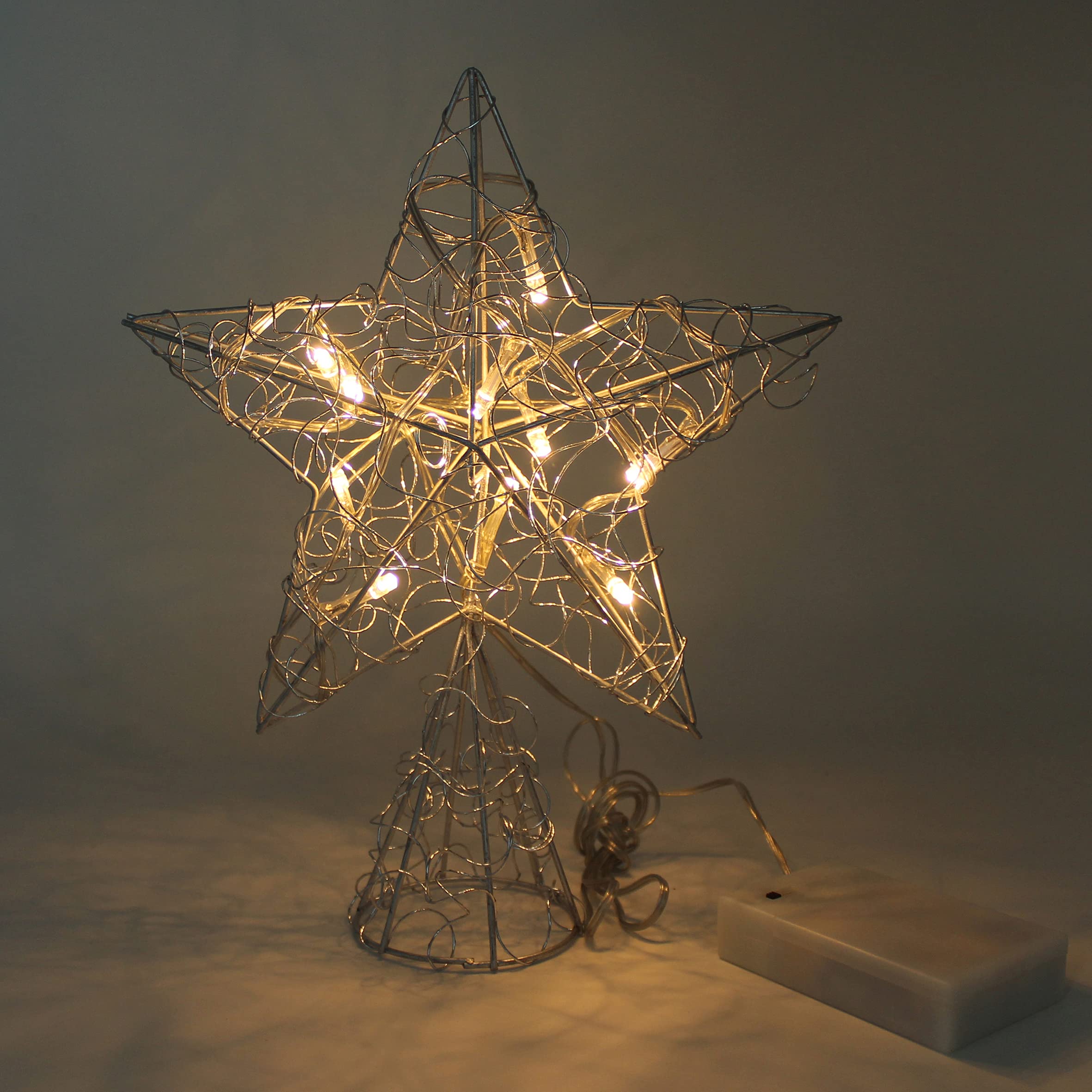 CVHOMEDECO Silver Wire Twine Tree Topper Star with Bright White LED Lights & Timer - 8x10 Inch Christmas Tree Decorations for Holiday, Party & Home Decor - Perfect for Xmas Trees, Mantels & Seasonal Displays