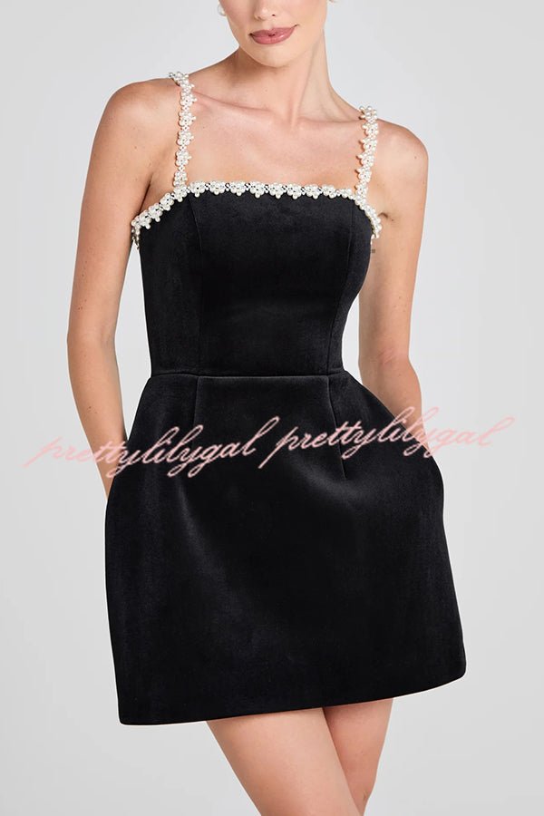 Elegant Sweet Poetry Velvet Mini Dress with Pearl Trim & Pockets | Tulip Hem Style for Parties, Dates & Special Occasions