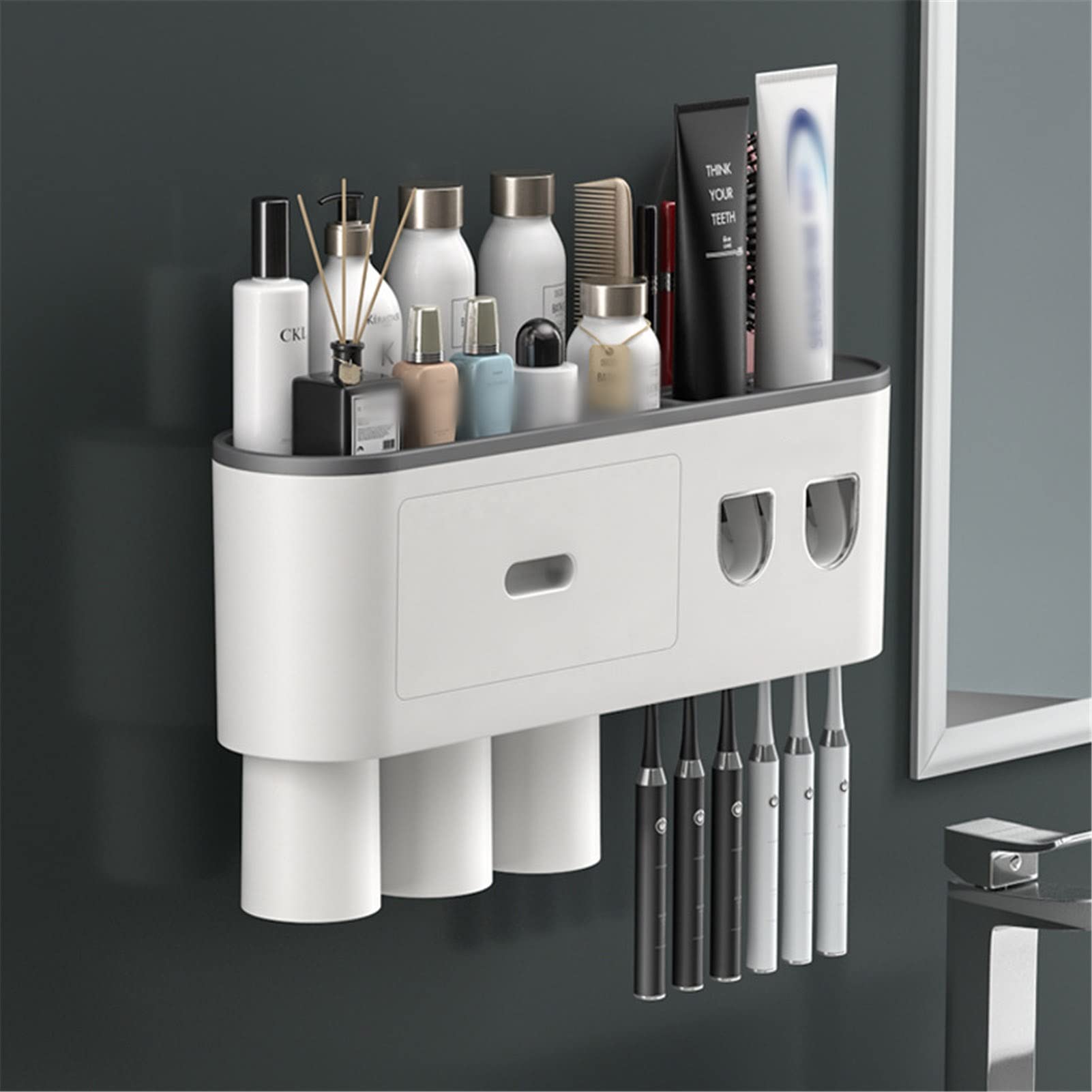 Automatic Toothpaste Dispenser & Toothbrush Holder Wall Mounted - 6 Toothbrush Slots, 2/3 Magnetic Cups & Cosmetic Organizer Drawer for Bathroom Organization | Space-Saving Dental Care Solution for Families