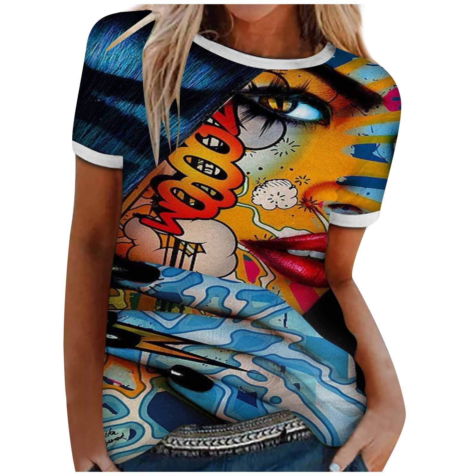 Vintage Abstract Portrait Print Women's Summer T-Shirt - Casual Loose Crew Neck Graphic Tee Top for Women | Perfect for Beach Outings, Music Festivals & Everyday Wear