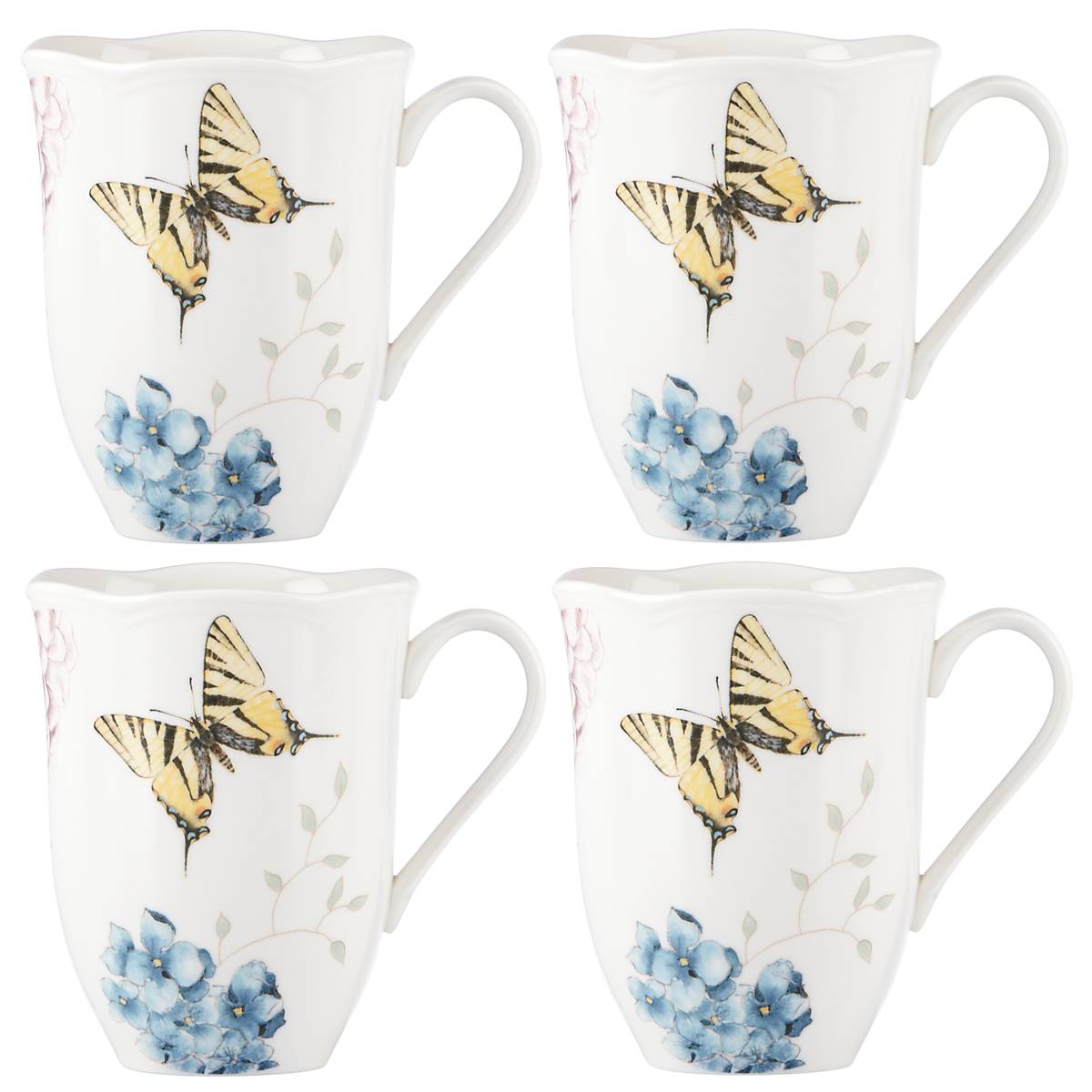 Butterfly Meadow Hydrangea Coffee Mugs Set of 4 - Perfect for Tea, Coffee & Hot Chocolate - Ideal for Home, Office & Gifts
