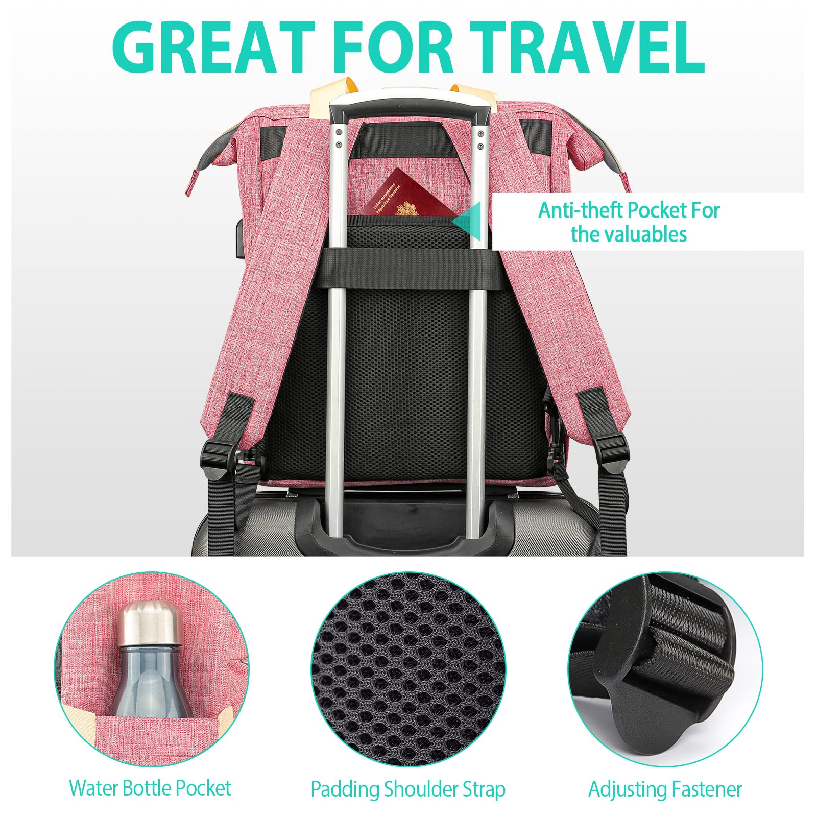 Stylish Pink Laptop Backpack for Women & Girls - 15.6 Inch USB Charging School Backpack with Wide Opening - Perfect for College, Work, Business, Nursing - Durable Travel & Daily Commute Backpack Purse