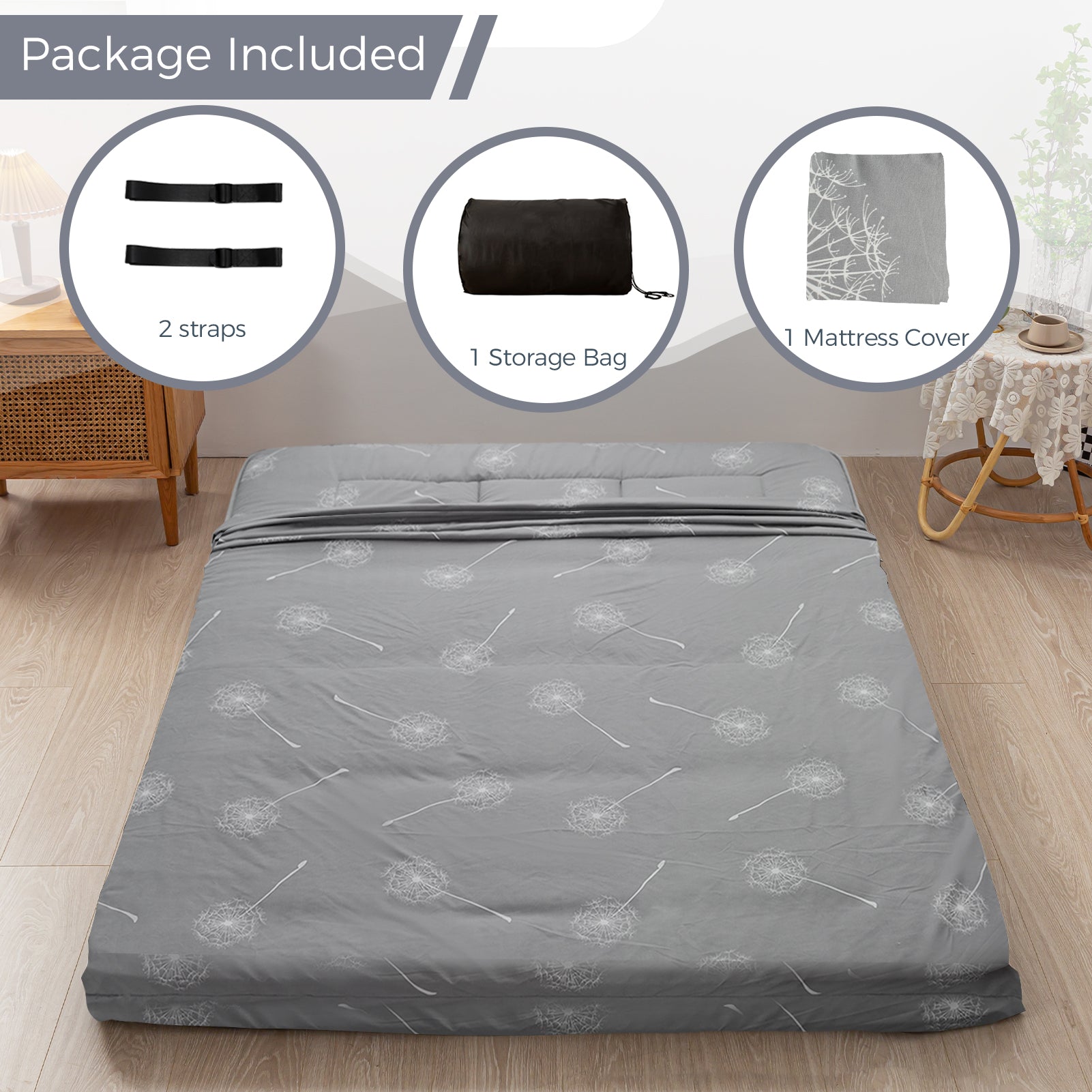 MAXYOYO Japanese Floor Futon Mattress - Grey Dandelion Pattern, Foldable Sleeping Mat for Guest Bed, Meditation & Small Space Living