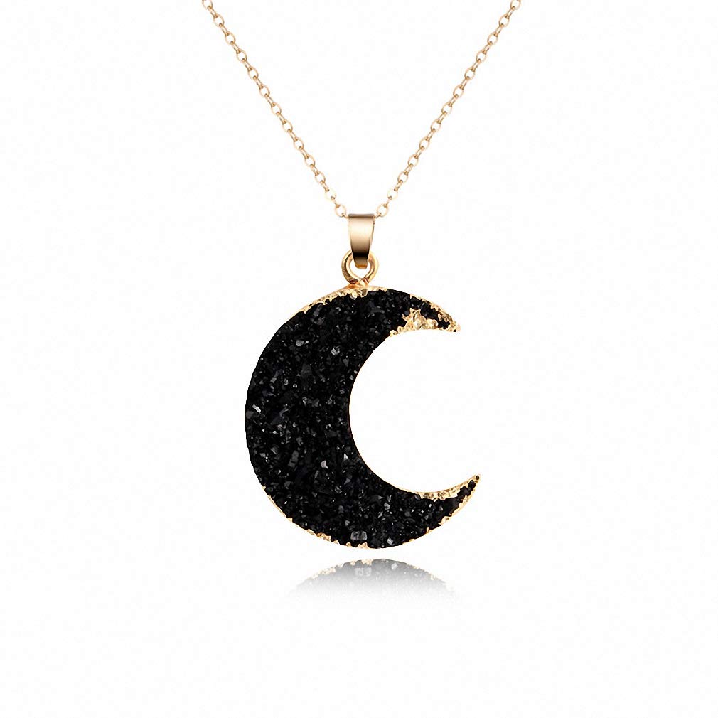 Pink & Black Moon Resin Druzy Pendant Necklace for Women - 14K Gold Plated Link Chain Jewelry for Everyday Wear, Gift Giving & Boho Fashion