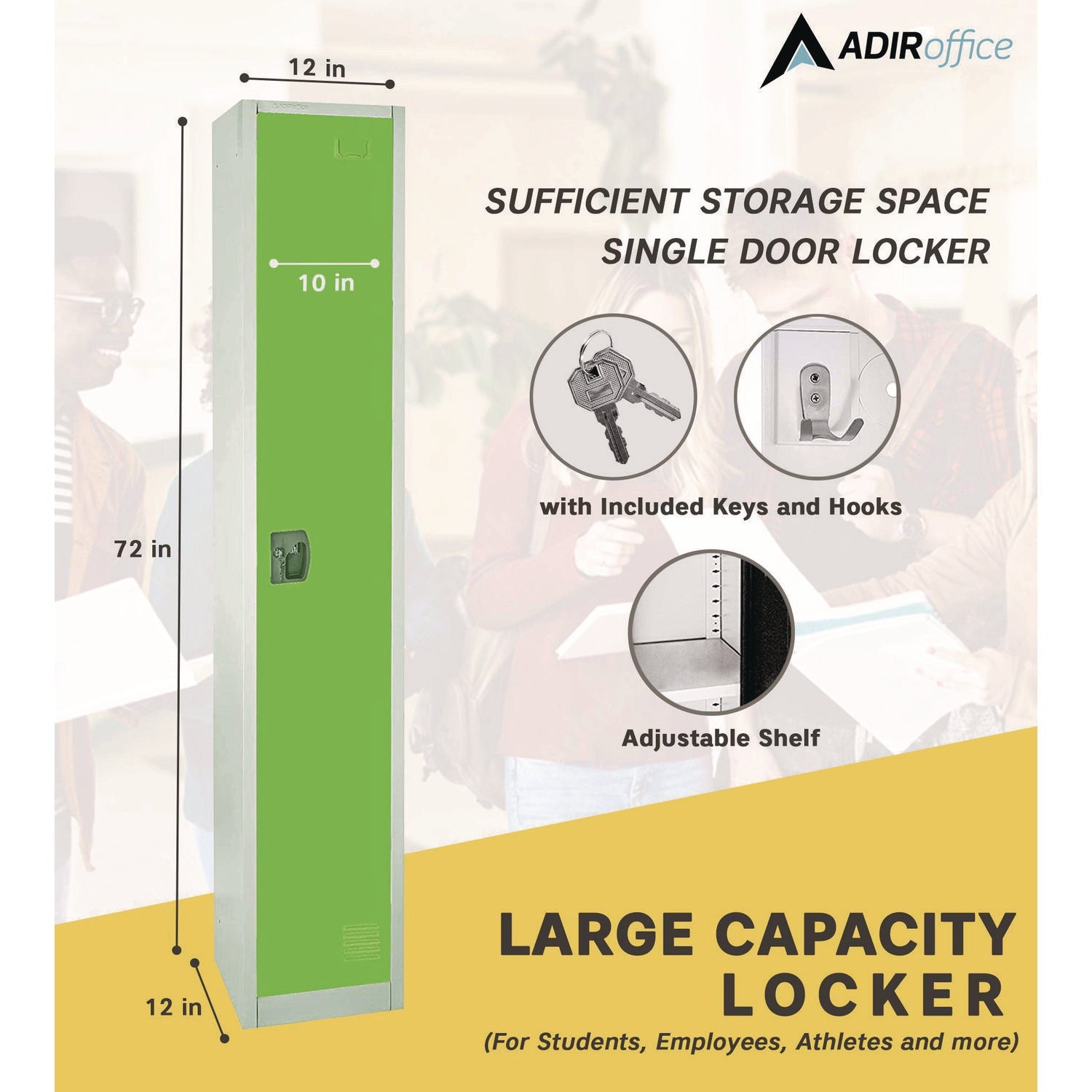 Steel Storage Locker with 1 Compartment - 12x12x72 Inches, Green - Heavy Duty Metal Locker for Office, School, Gym & Warehouse Organization