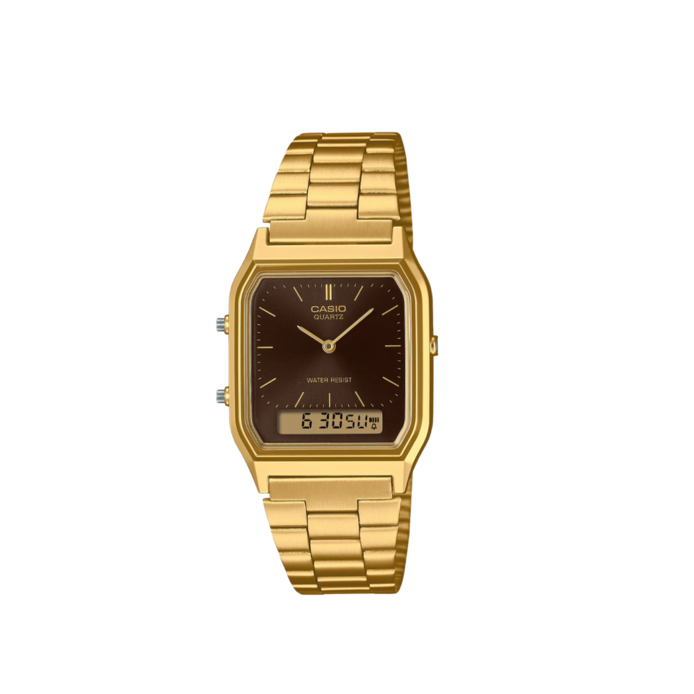 Casio Men's AQ230GA-5A Gold & Black Quartz Dual Time Watch - Stylish & Trendy for Business, Travel & Everyday Wear