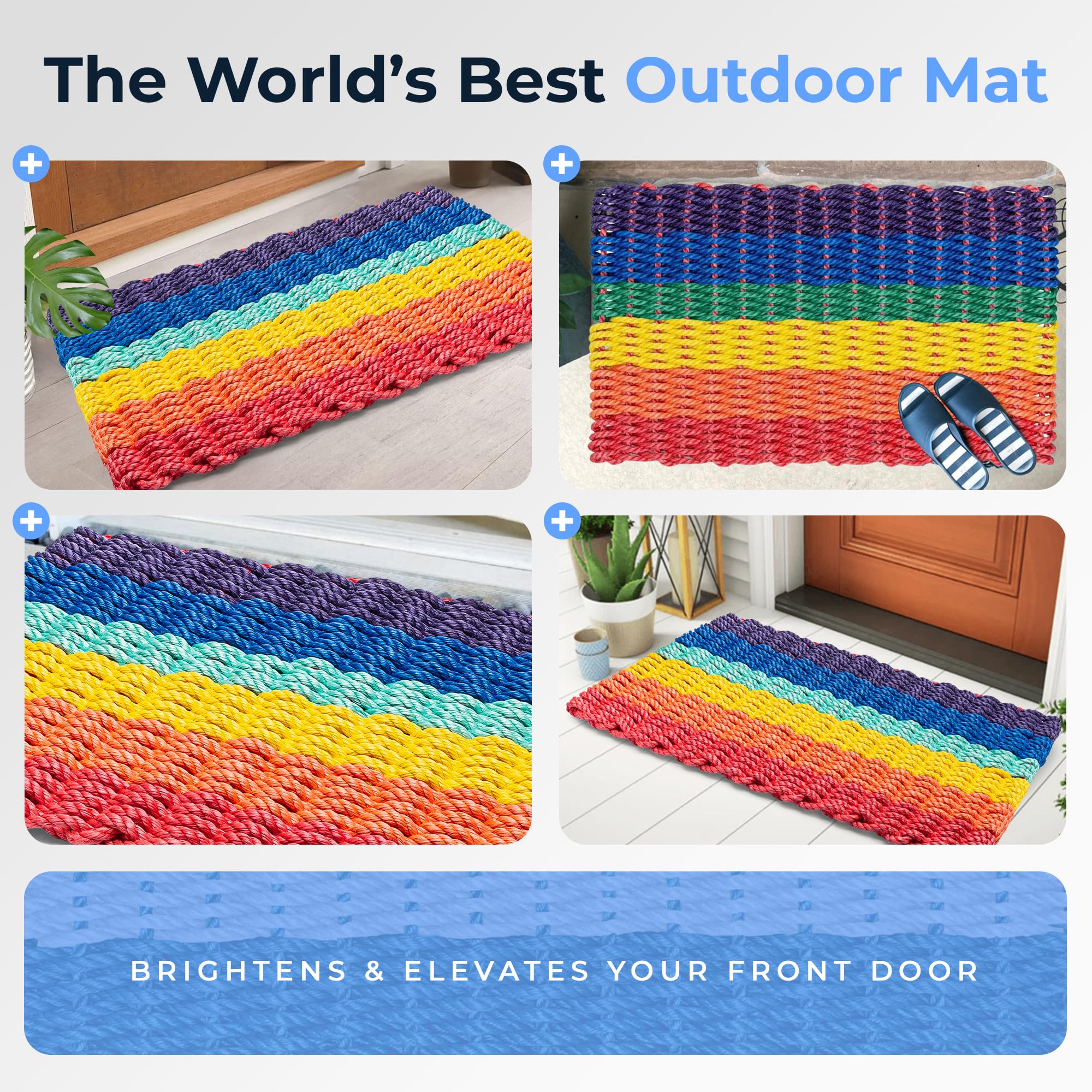 Premium Outdoor Lobster Rope Doormat - All-Weather Woven Welcome Mat from Durable Nautical Rope (Rainbow Stripe, 24x36 Inches) - Perfect for Front Door, Patio, Deck & Beach House Entryway