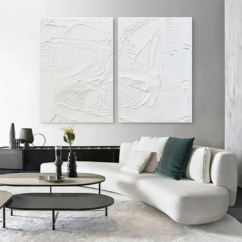 Minimalist White Textured Canvas Paintings - Set of 2 Abstract Wall Art for Living Room & Bedroom Decor #MM045