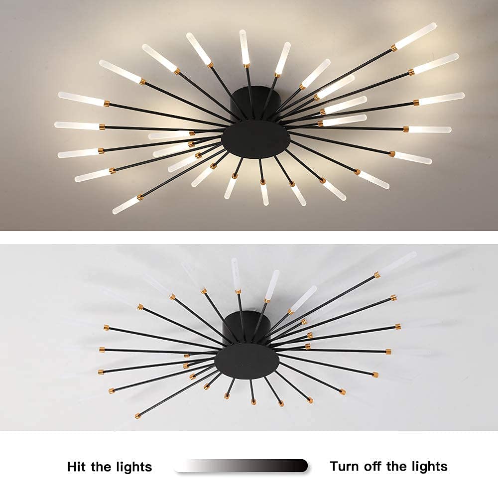 Modern Flower Shape Ceiling Light Fixture - 28-LED Sputnik Firework Petal Chandelier for Dining Room, Kitchen, Hallway | Flush Mount Metal & Acrylic Design (Matte Black) | Perfect for Modern Home Decor, Restaurant Lighting and Commercial Spaces