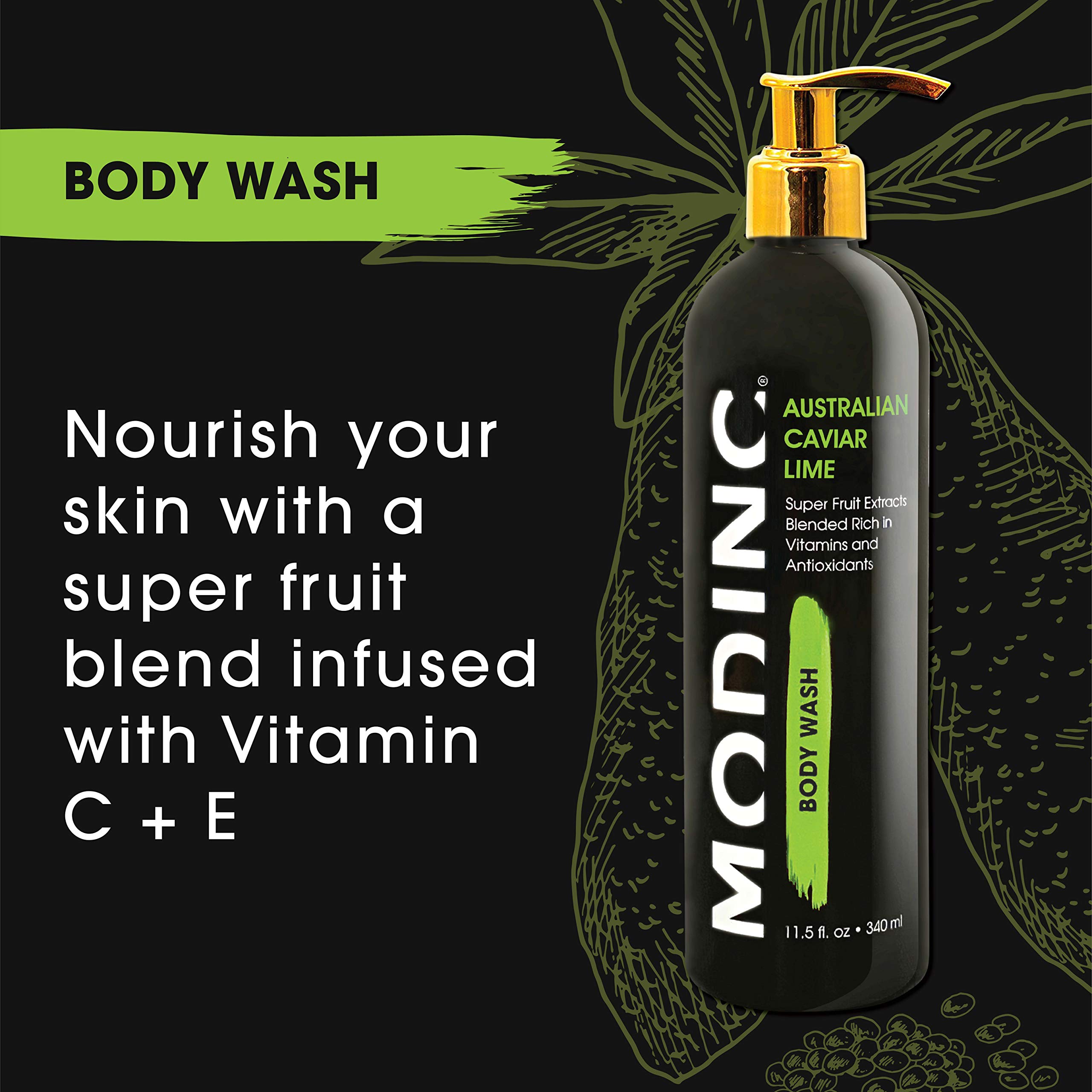 Premium Australian Caviar Lime Body Wash - Vitamin & Antioxidant Rich Superfruit Extracts, Vegan & Cruelty Free with Pump (11.5 oz) for Spa-Like Luxury at Home
