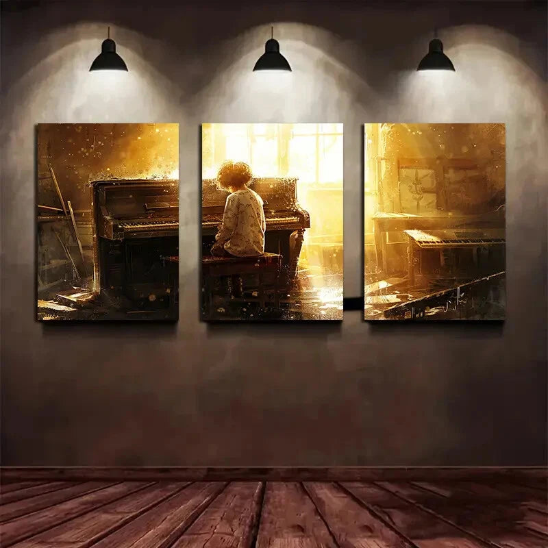 3-Piece Metal Print Wall Art - Little Boy Playing Piano - Ready to Hang - Perfect for Nursery, Kids Room & Music Lover Gifts
