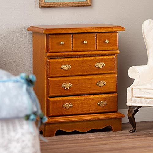 Miniature Walnut Chest of Drawers for Dollhouse - Handcrafted Wooden Dresser with 5 Drawers - Perfect for Dollhouse Decor, Miniature Furniture Collection & DIY Craft Projects