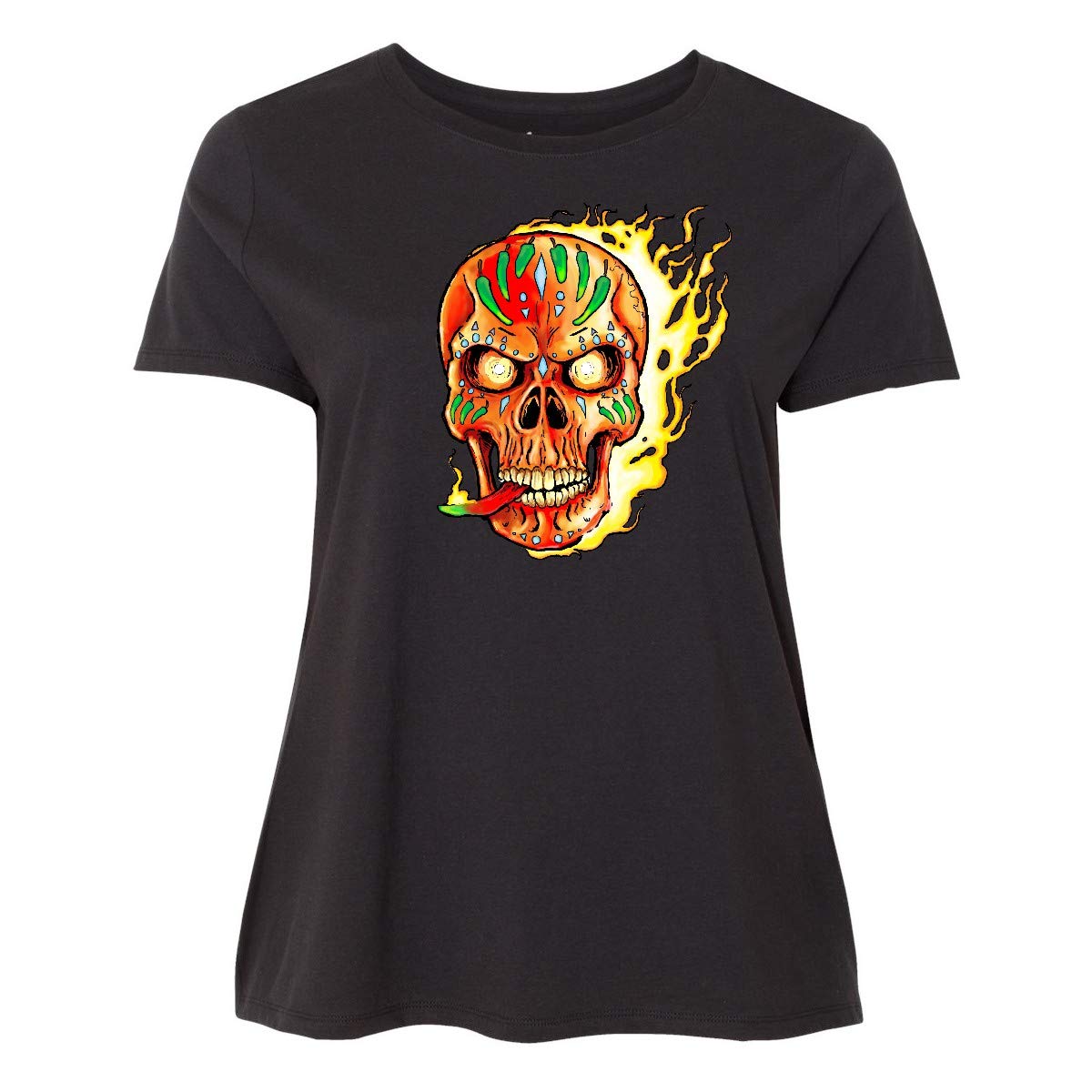 Inktastic Hot Sauce Hot Pepper Skull ON FIRE Women's Plus Size T-Shirt - Spicy Food Lover Graphic Tee for Casual Wear, Concerts & Halloween Costumes
