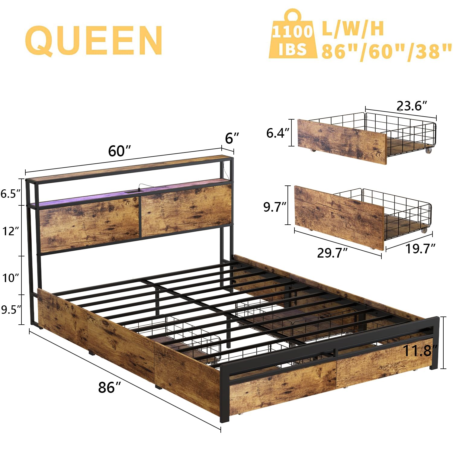 Queen Bed Frame with Storage & LED Lights - Sturdy Metal Platform for Quiet, Noiseless Sleep