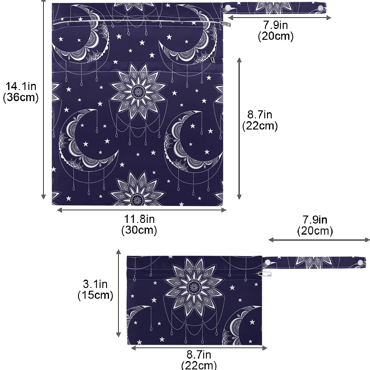 Visesunny Vintage Moonsun 2-Pack Waterproof Wet Bags with Zipper Pockets - Reusable Washable Diaper Bag for Travel, Beach, Daycare, Gym & Swimming - Perfect for Strollers, Dirty Clothes, Swimsuits & Toiletries Organization