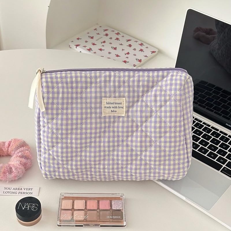 Quilted Floral Makeup Bag for Women - Large Cotton Cosmetic Organizer with Checkered Design, Travel Toiletry Bag for Girls & Women (Purple) - Perfect for Travel, Gym, and Everyday Use