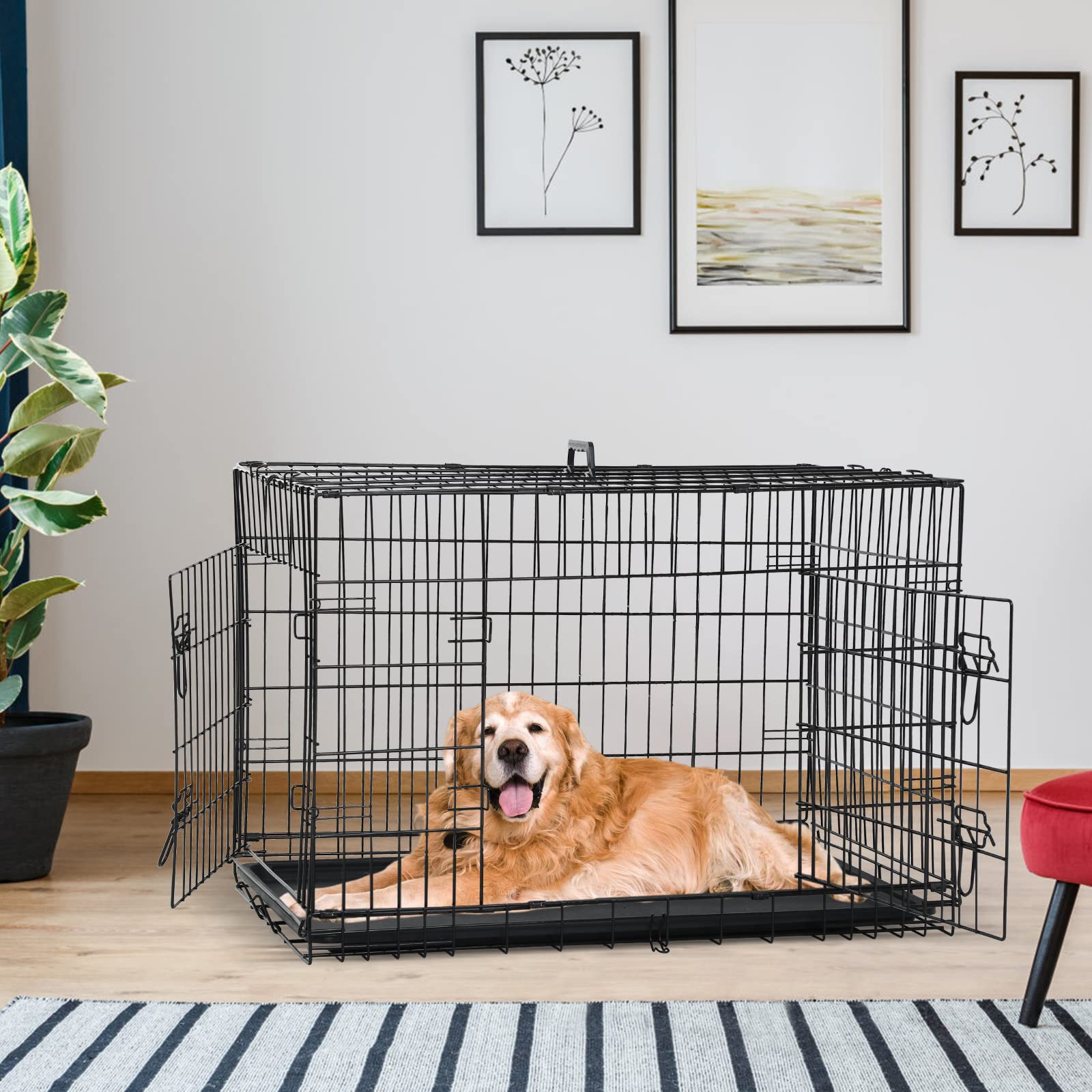 48 Inch Heavy Duty Metal Dog Crate for Large Dogs - Double Door Folding Kennel with Removable Tray, Divider Panel & Leak-Proof Plastic Pan - Indoor & Outdoor Pet Cage for Home, Travel & Training Use