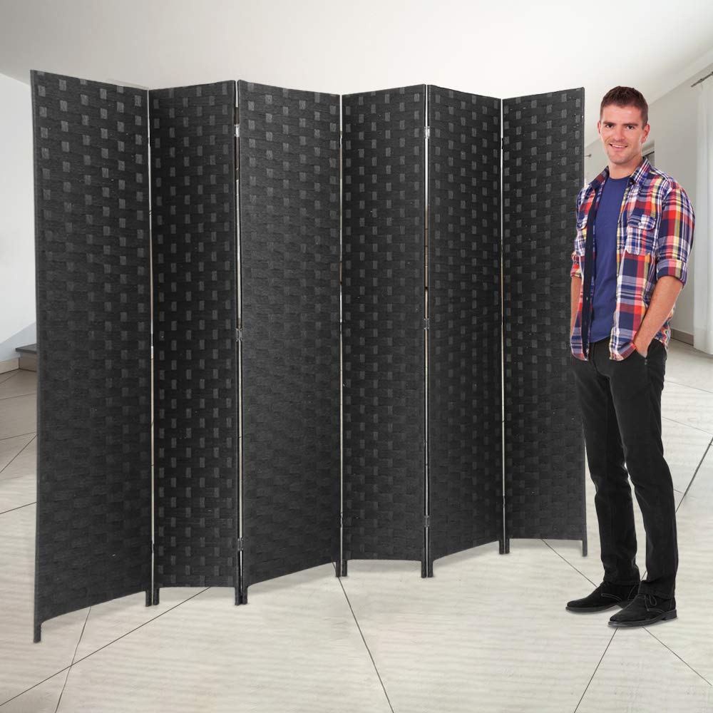 6 Panel 6 ft Foldable Room Divider - Handcrafted Wood Mesh Woven Privacy Screen for Home Office, Bedroom & Studio - Portable Freestanding Room Partition (Black) | Perfect for Creating Private Spaces in Apartments, Events and Workspaces