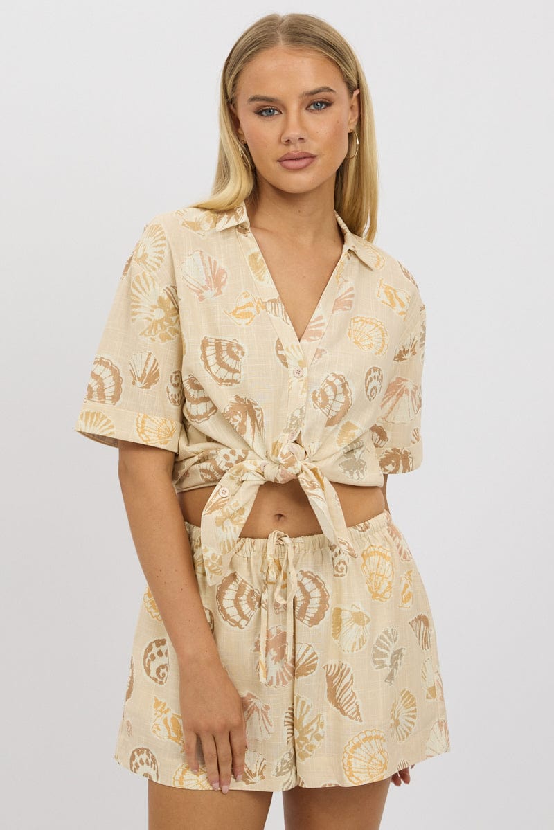 Beige Abstract Relaxed Short Sleeve Linen Blend Shirt for Women - Perfect for Casual Outings & Summer Vacations