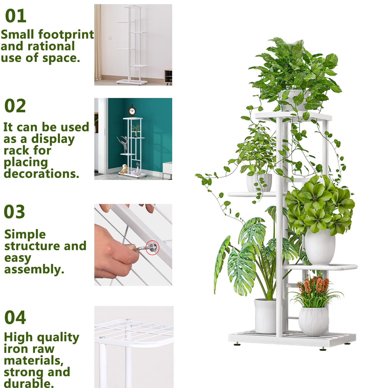 4-Tier Metal Plant Stand Indoor Outdoor - 5 Potted Flower Holder Shelf for Garden, Patio, Balcony & Living Room - White Planter Display Shelving Unit for Home Decor & Plant Lovers