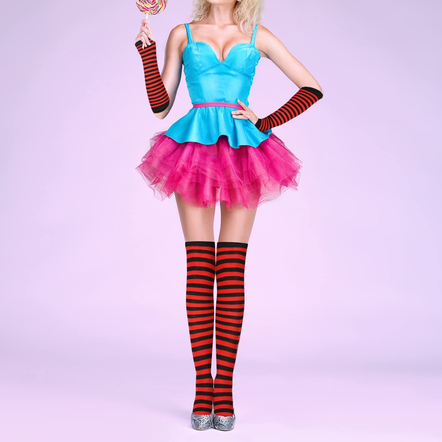 Benefeet Women's Striped Thigh High Socks & Arm Warmers Set - Over Knee High Stockings with Fingerless Gloves - Perfect for Halloween Costumes, Cosplay, and Winter Fashion Outfits