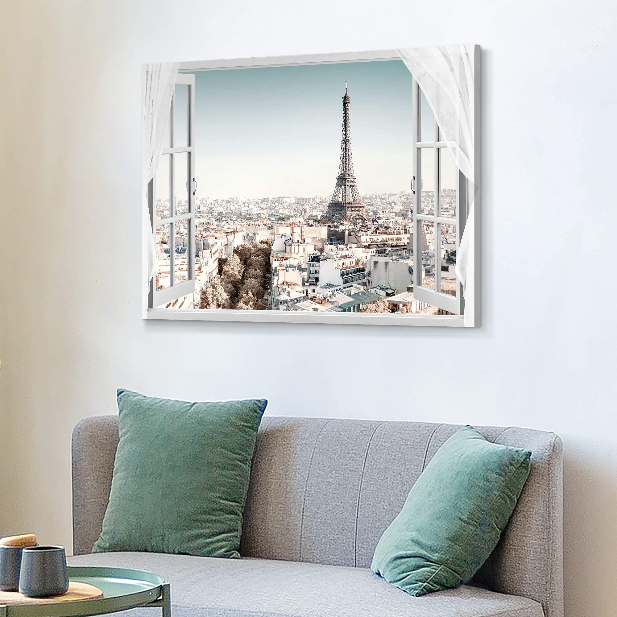 WALLSUP DECOR Paris Cityscape Canvas Wall Art - Modern Eiffel Tower Window View Painting, Large Fake Window Print for Living Room Decor, Bedroom & Office | Perfect Gift for Home Interior Design