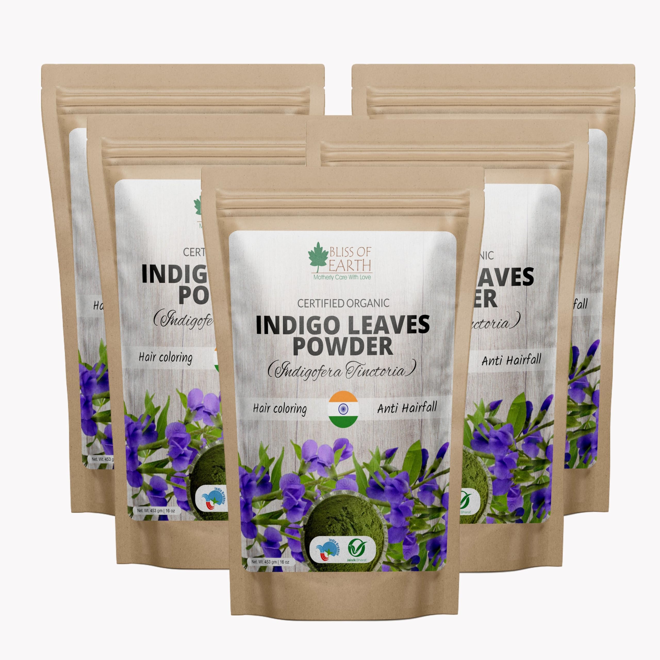 Organic Bliss of Earth Indigo Powder for Natural Hair Dye - 5 Pack (5x453g) | Chemical-Free Black Hair Coloring for Men & Women | Perfect for DIY Henna Blends & Gray Coverage at Home