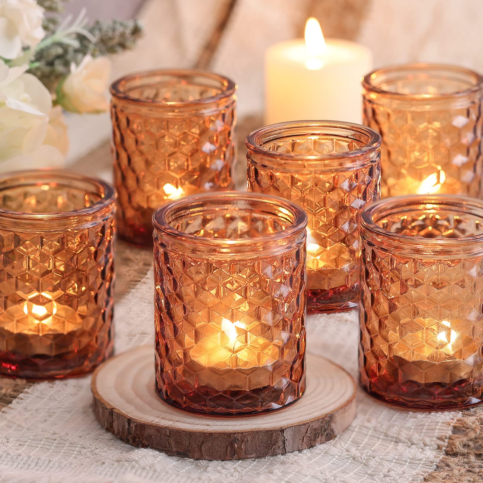 12pcs Amber Glass Votive Candle Holders - Tea Light Candle Holders for Wedding Centerpieces, Fall Decor, Home Decor Gift, Party Table Decor - Perfect for Romantic Dinners, Holiday Decorations & Special Events