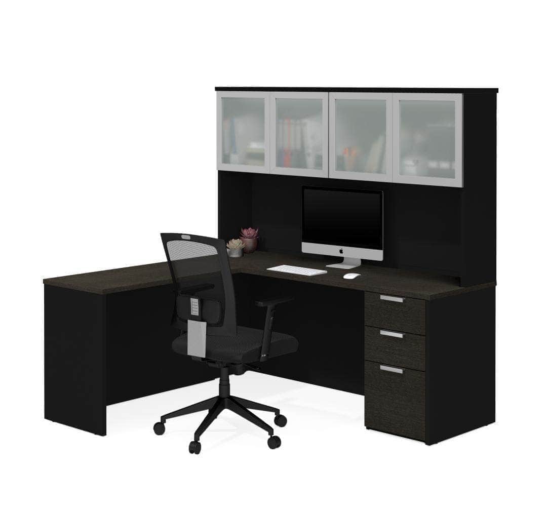 Pro Concept Plus L-Shaped Desk with Pedestal & Frosted Glass Door Hutch - 2 Color Options | Home Office & Gaming Workstation
