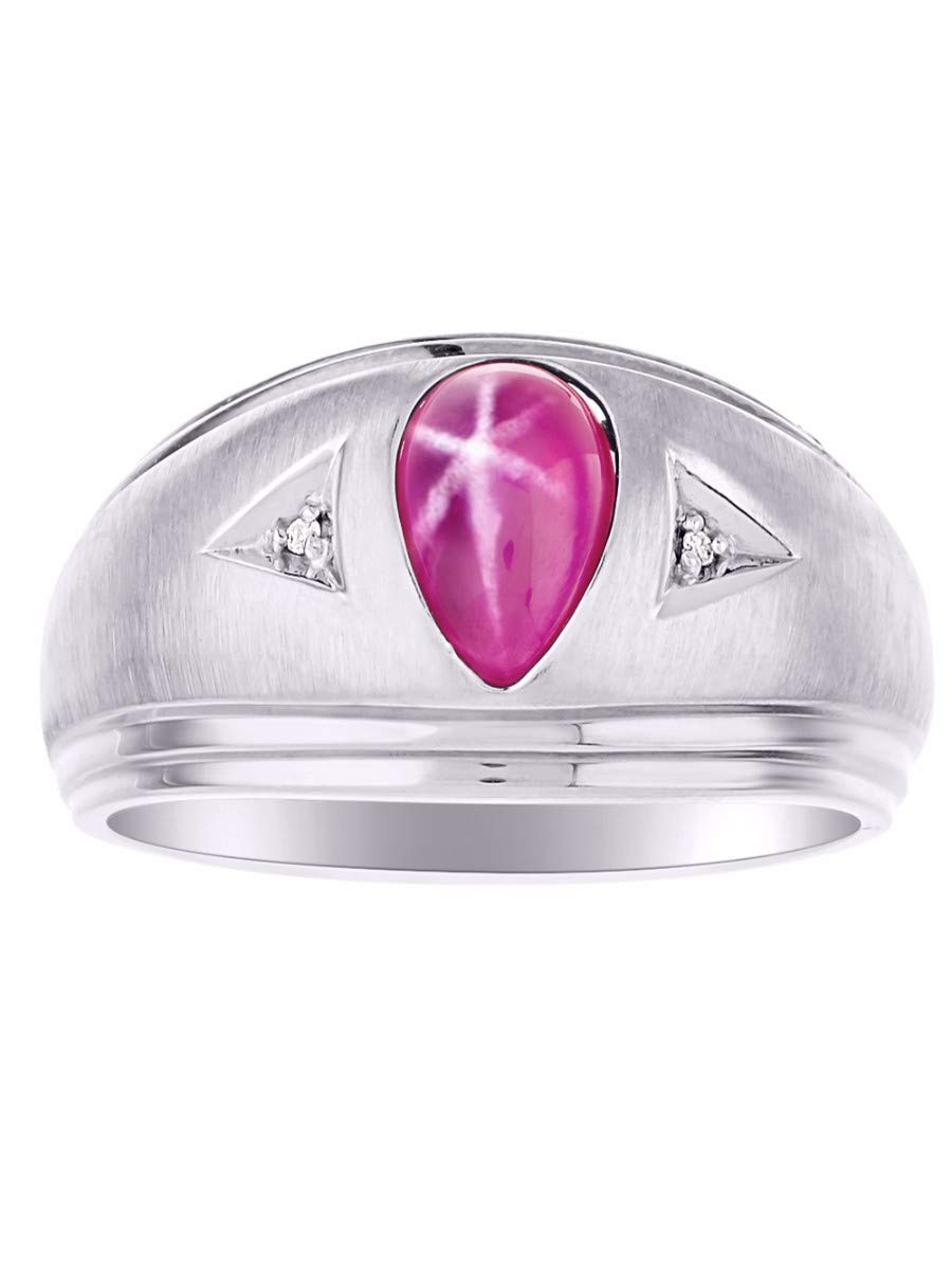 Sterling Silver Men's Ring with Pear-Shaped Cabochon Star Ruby & Diamonds – Timeless Elegance for Everyday Wear & Special Occasions – Sizes 8-13