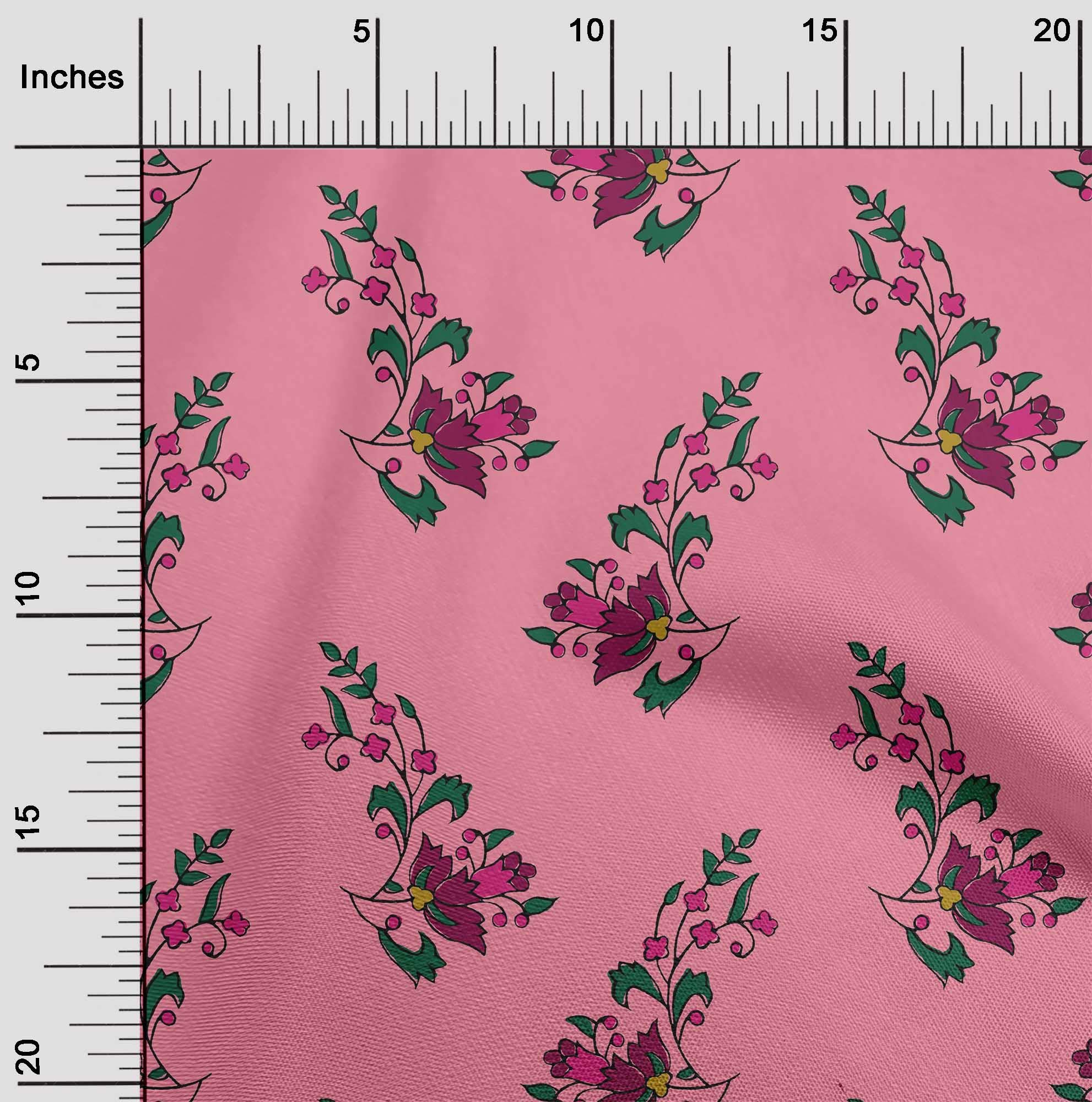 oneOone Silk Tabby Medium Pink Fabric - Floral & Leaves Print Dress Material - 42 Inches Wide by The Yard - Perfect for Dresses, Blouses, and DIY Sewing Projects