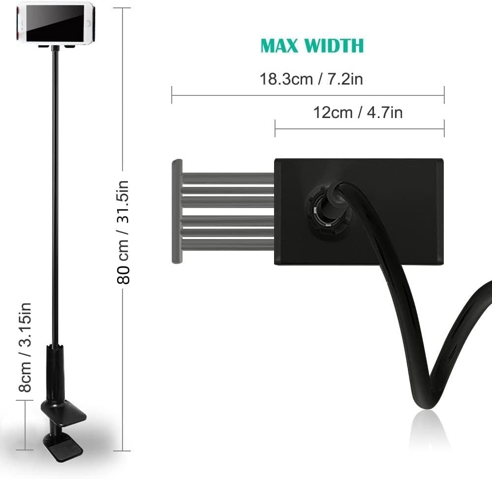 Adjustable Gooseneck Tablet Holder Stand for Phones & Tablets 4-11 Inches - Long Arm Bed Desk Mount for Reading, Watching Videos & Hands-Free Use (Black)