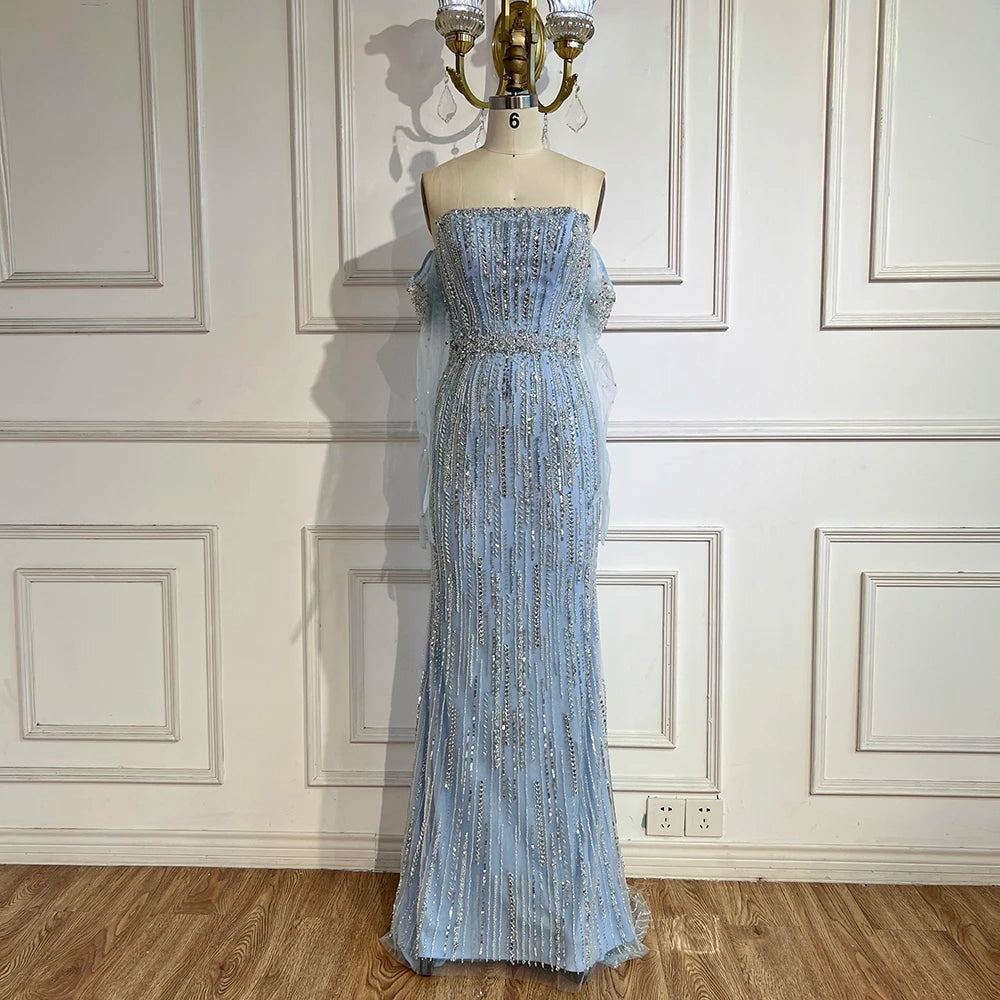 Elegant Light Blue Pearls Luxury Dubai Evening Dress - Strapless Gown LA71950 for Prom, Wedding, and Formal Events