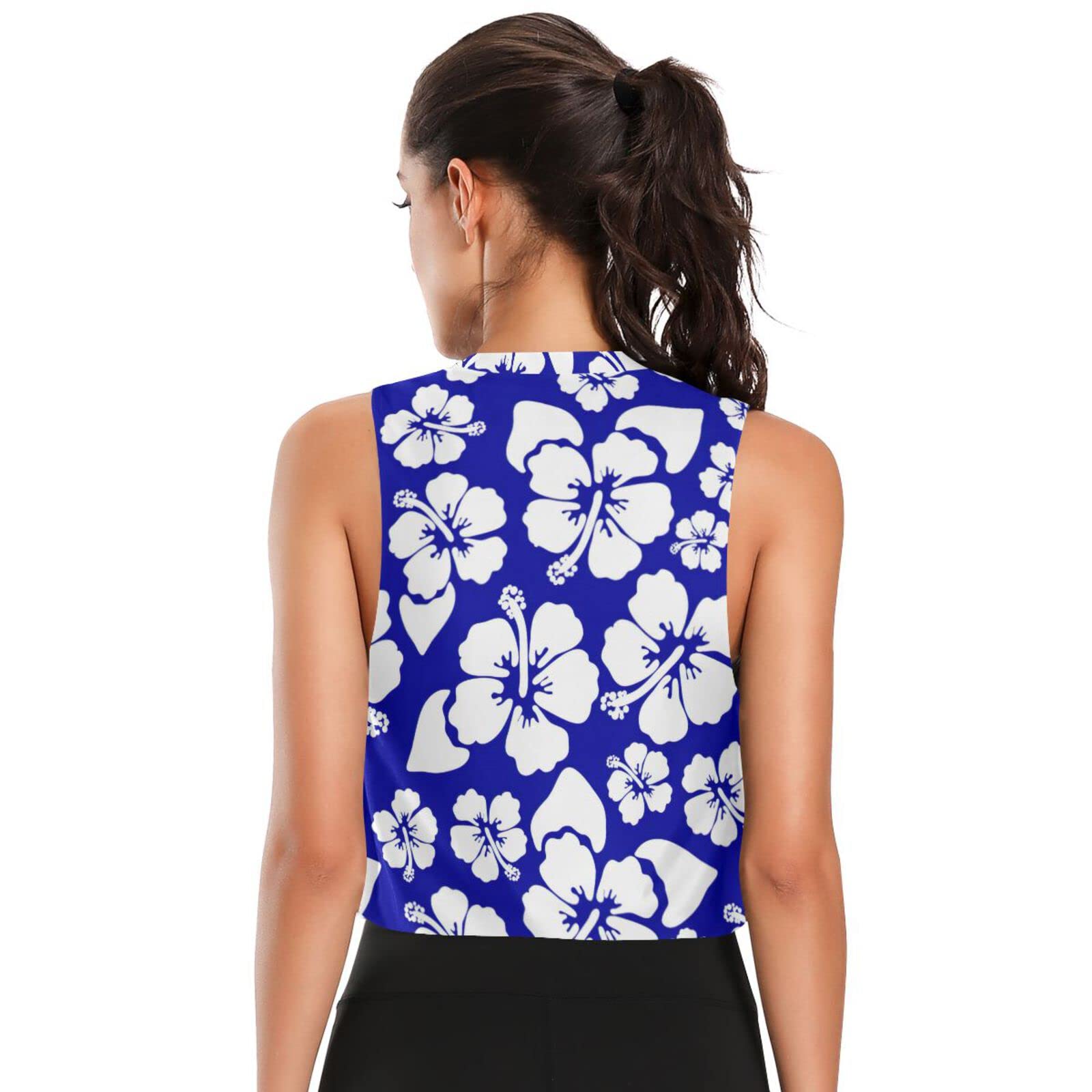 Hibiscus Aloha Hawaiian Women's Workout Crop Top - Loose Sleeveless Yoga Muscle Tank Tops for Women - Blue - Perfect for Yoga, Gym & Beach Workouts