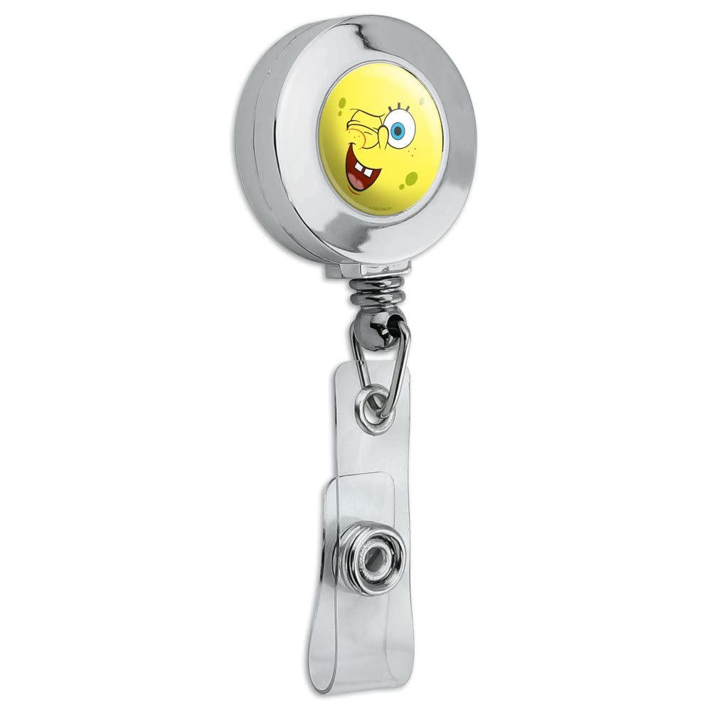 Spongebob Winking Face Retractable ID Badge Reel - Chrome Plated Metal ID Card Holder Clip for Work, School, Office, and Events