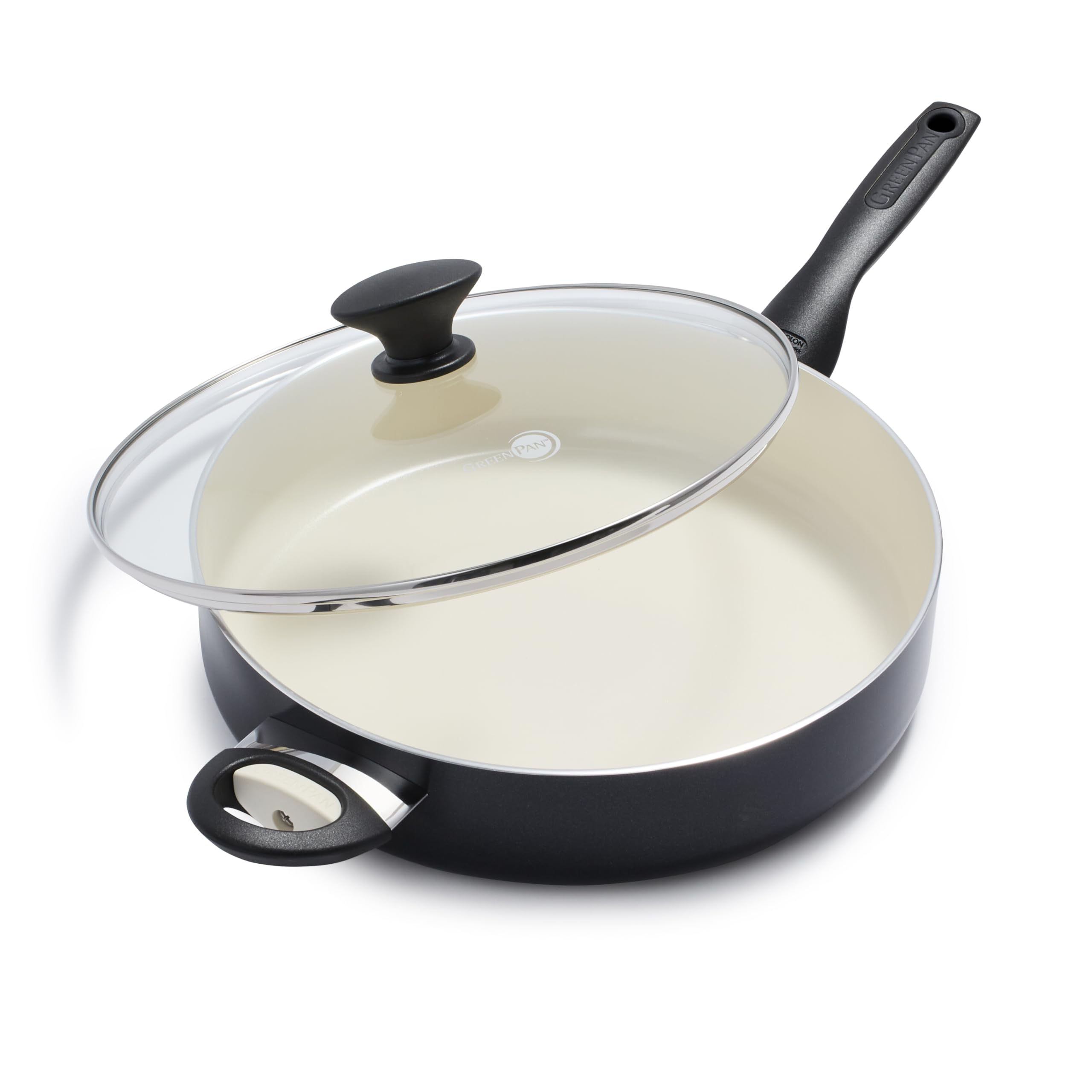 GreenPan Rio Healthy Ceramic Nonstick 5QT Saute Pan - PFAS-Free, Dishwasher Safe Cookware with Helper Handle & Glass Lid - Perfect for Stir-Frying, Searing & Everyday Cooking - Black