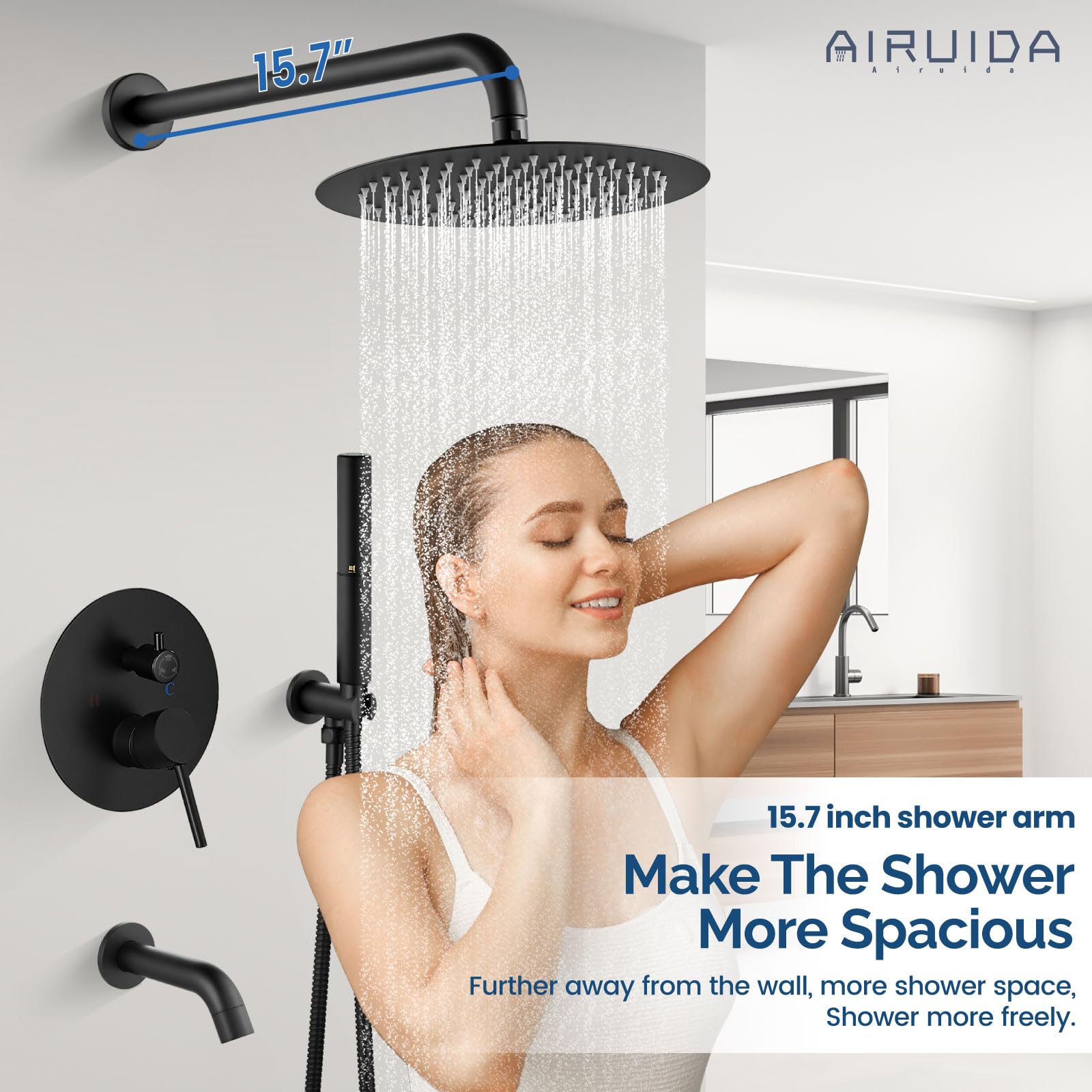 Premium Matte Black 10-Inch Round Shower System Set - 3-Function Wall Mount Rain Shower Head, 2-Function Handheld & Tub Spout Combo for Bathroom Renovation | Perfect for Modern Homes, Spa-Like Experience & Water-Saving Design