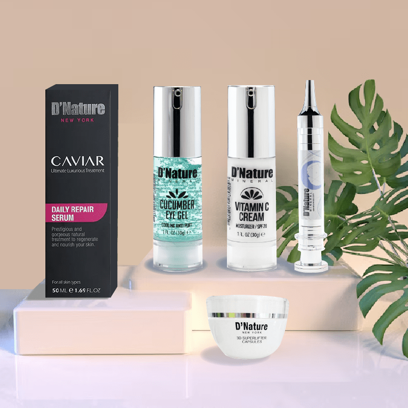 Premium Caviar Repair Serum with Hyaluronic Acid + Vitamin C Brightening Cream + Cucumber Eye Gel + Free Cleansing Brush Set - Anti-Aging Skincare Routine for Glowing Skin at Home & Travel