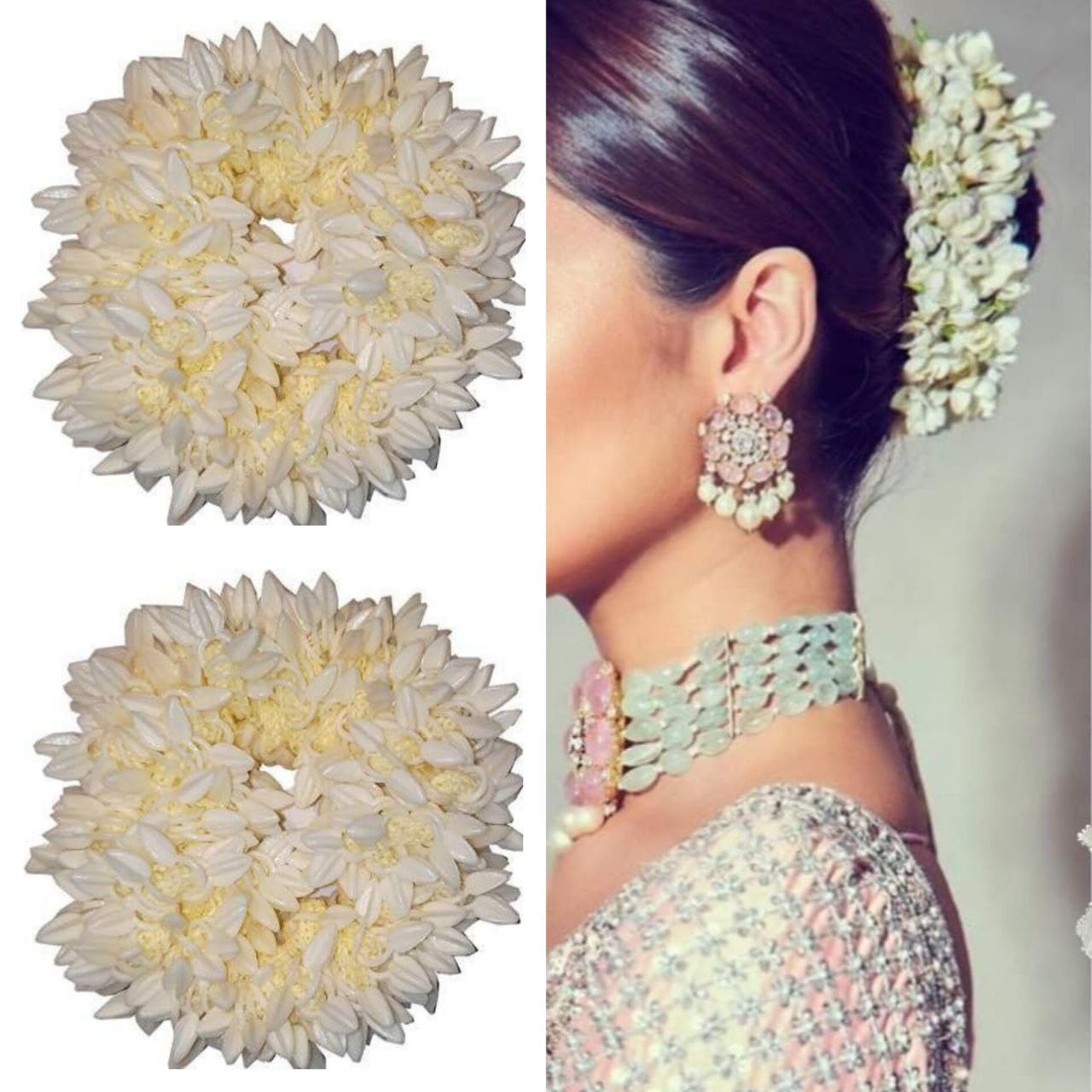 2 Pcs Mogra Scented Hair Bands - Floral Rubber Hair Accessories for Women & Girls (White, Free Size) - Perfect for Weddings, Parties, Festivals & Daily Wear - Pack of 2